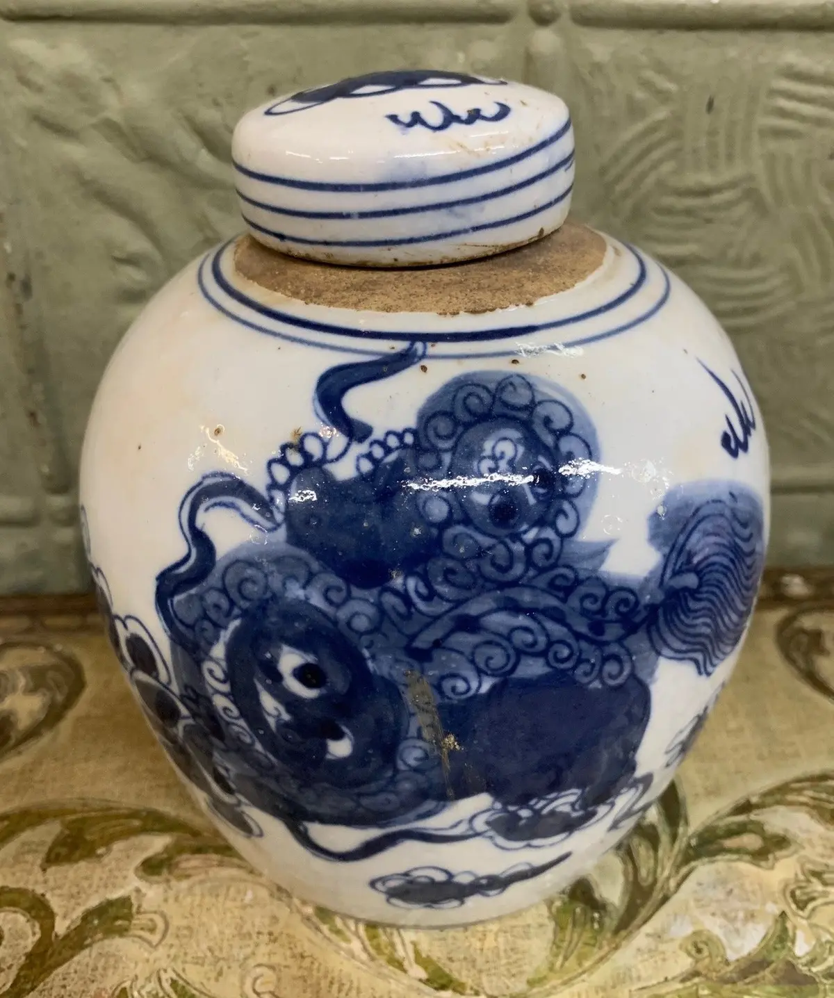 Blue And White Chinese Ginger Jar With Foo Dogs 1