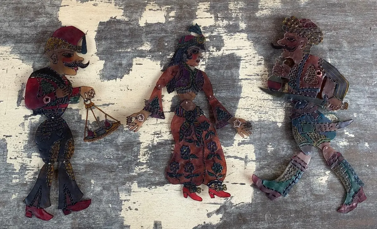 Set Of 3 Camel Skin Painted And Pierced Puppets 1