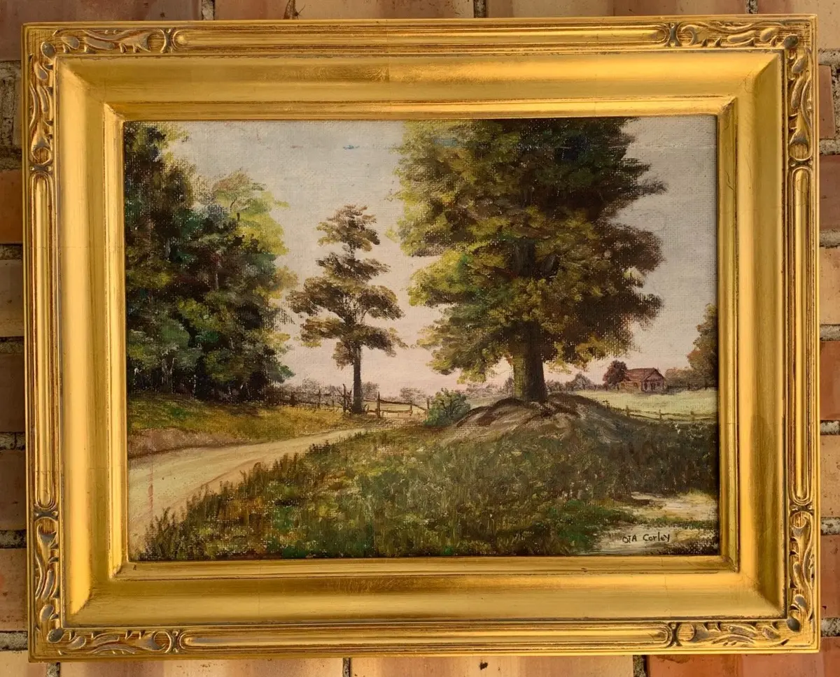 Signed Texas Artist Corley Country Road Oil Painting On Board 1