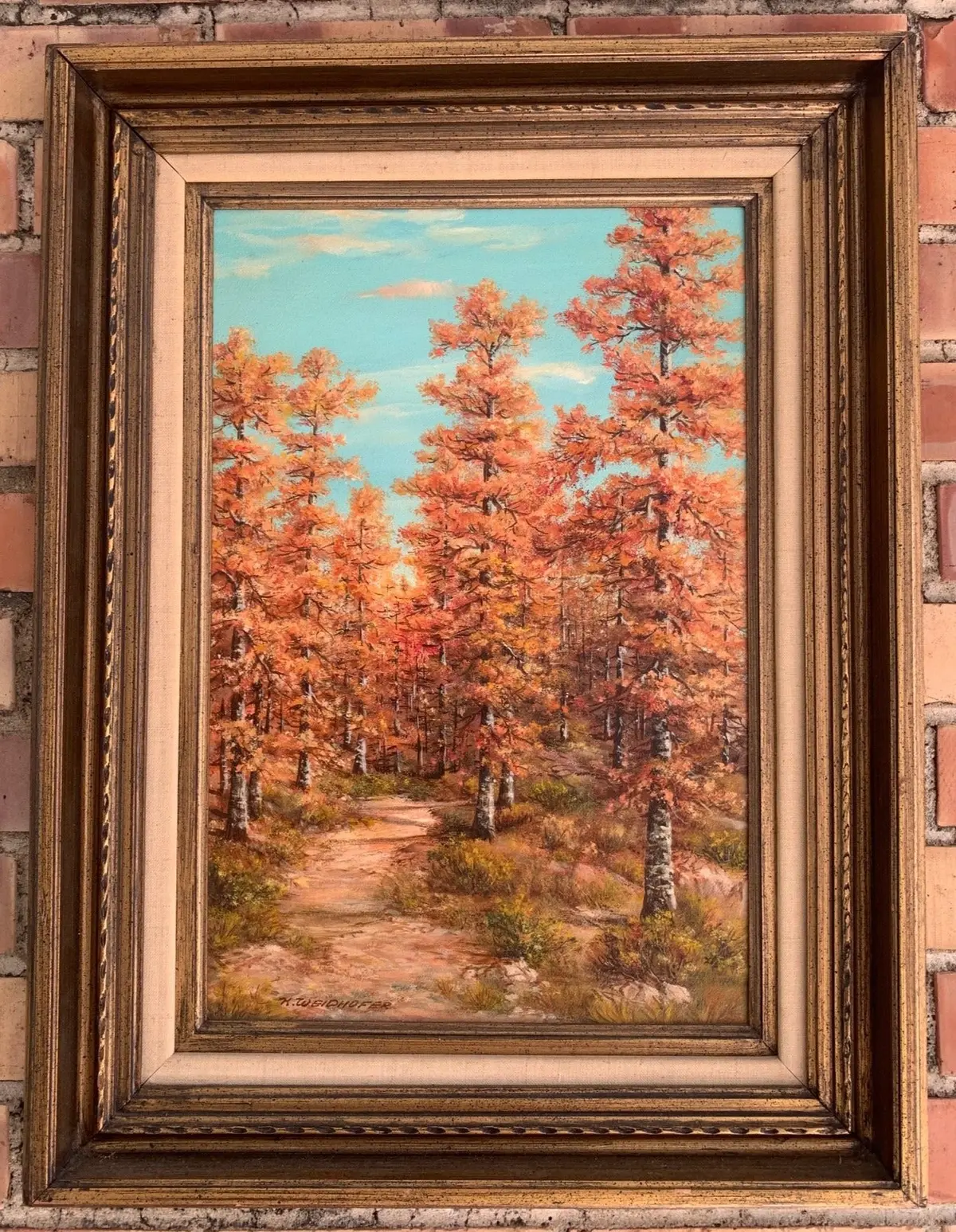 Vertical Fall Trees Oil Painting On Board By K. Weidhofer 1