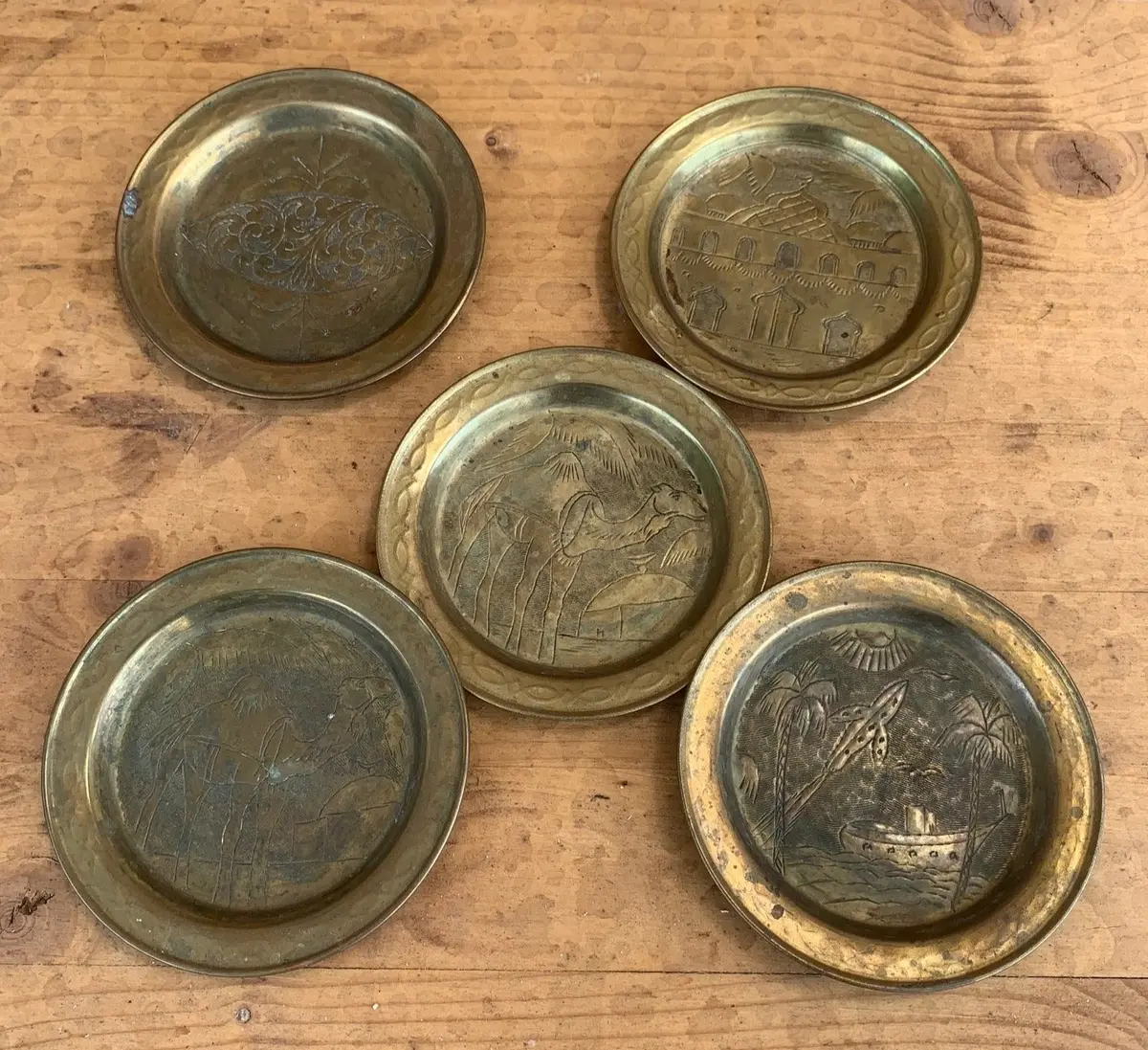 Set Of 5 Incised Brass Coasters 1