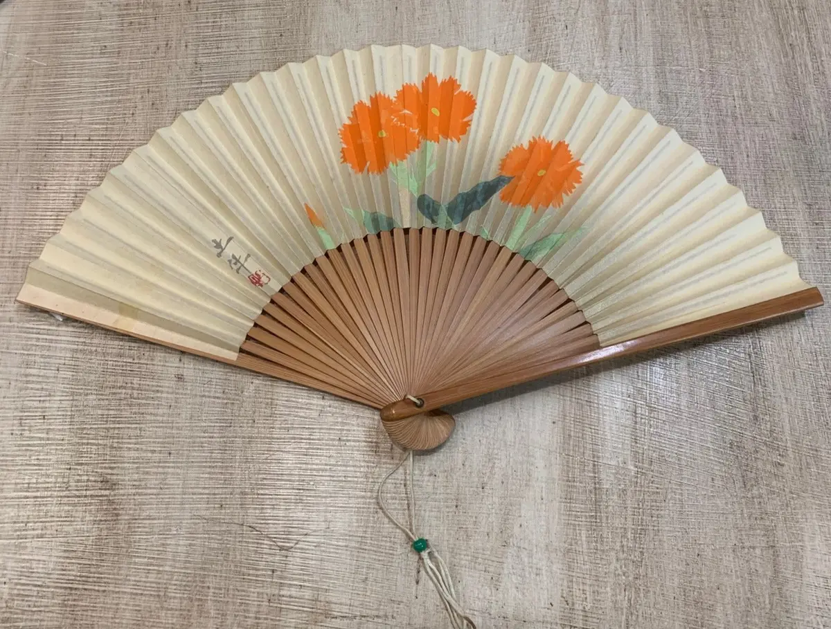 White With Orange Florals Chinese Fan 1