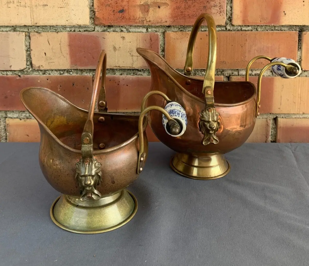 Pair Of Mini Copper Coal Hods 1