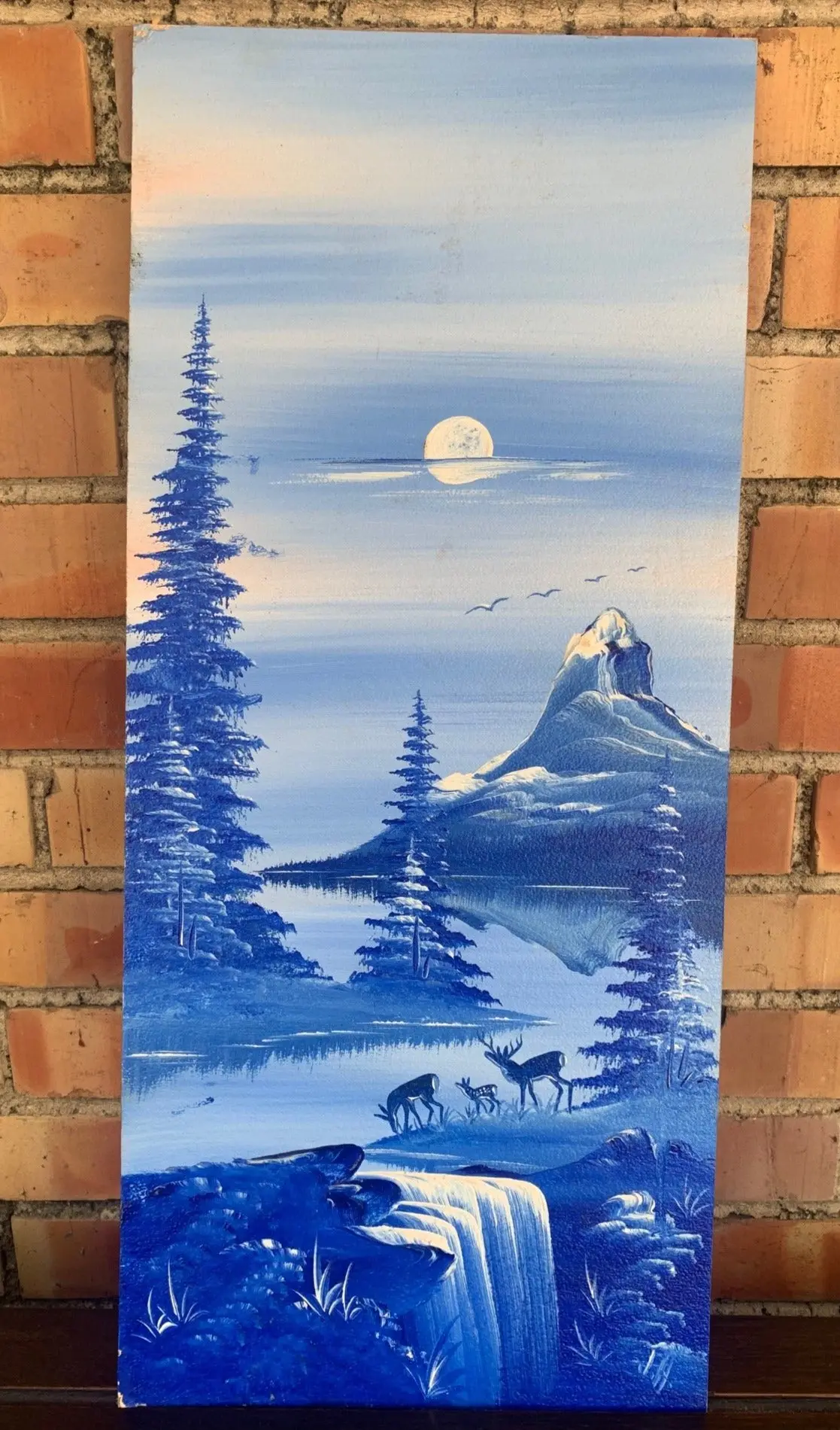 Narrow Blue And White Scenic Oil On Board Painting With Deer 1