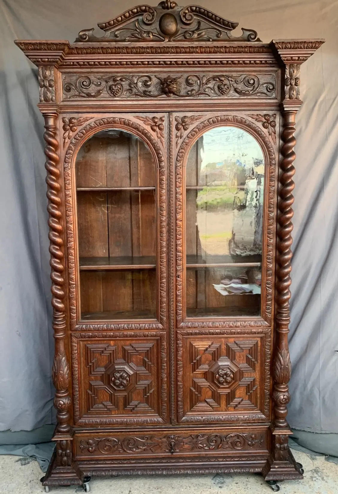 Late 19Th C. Arched 2-Door Barley Twist Oak Bookcase 1