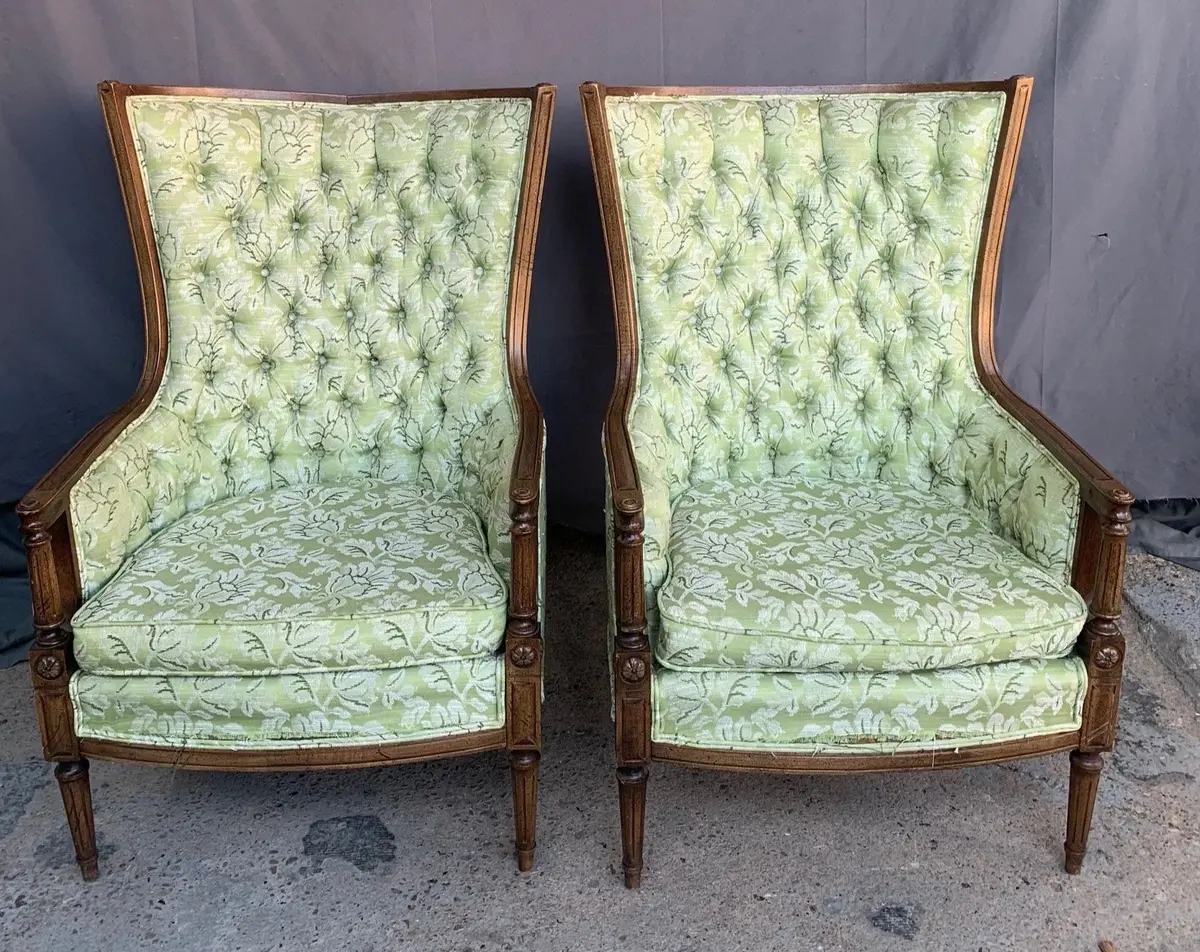 Pair Of Vintage Tufted Green Upholstered Bergere Chairs 1