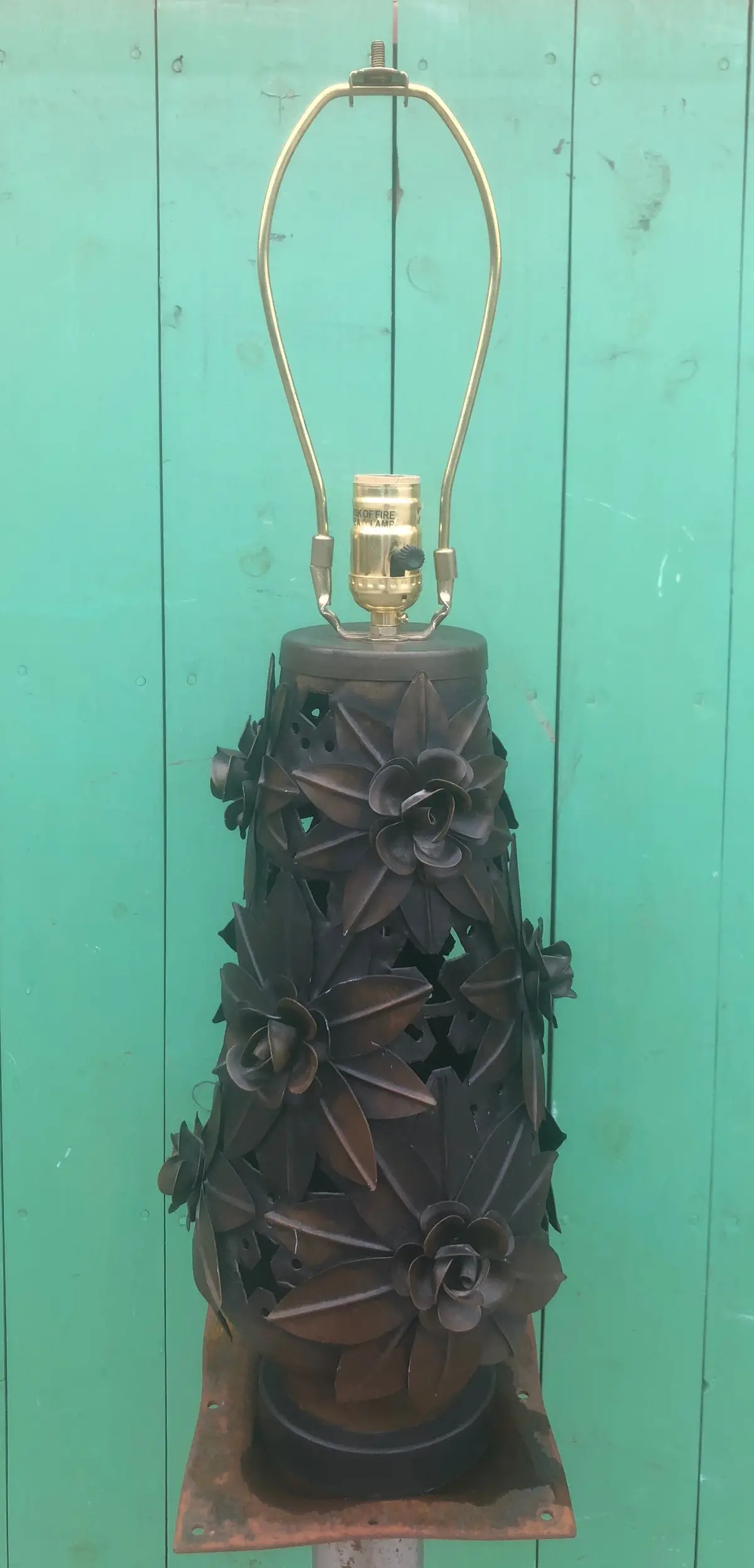 Metal Bronze Colored Lamp With Flowers, Without Shade 1