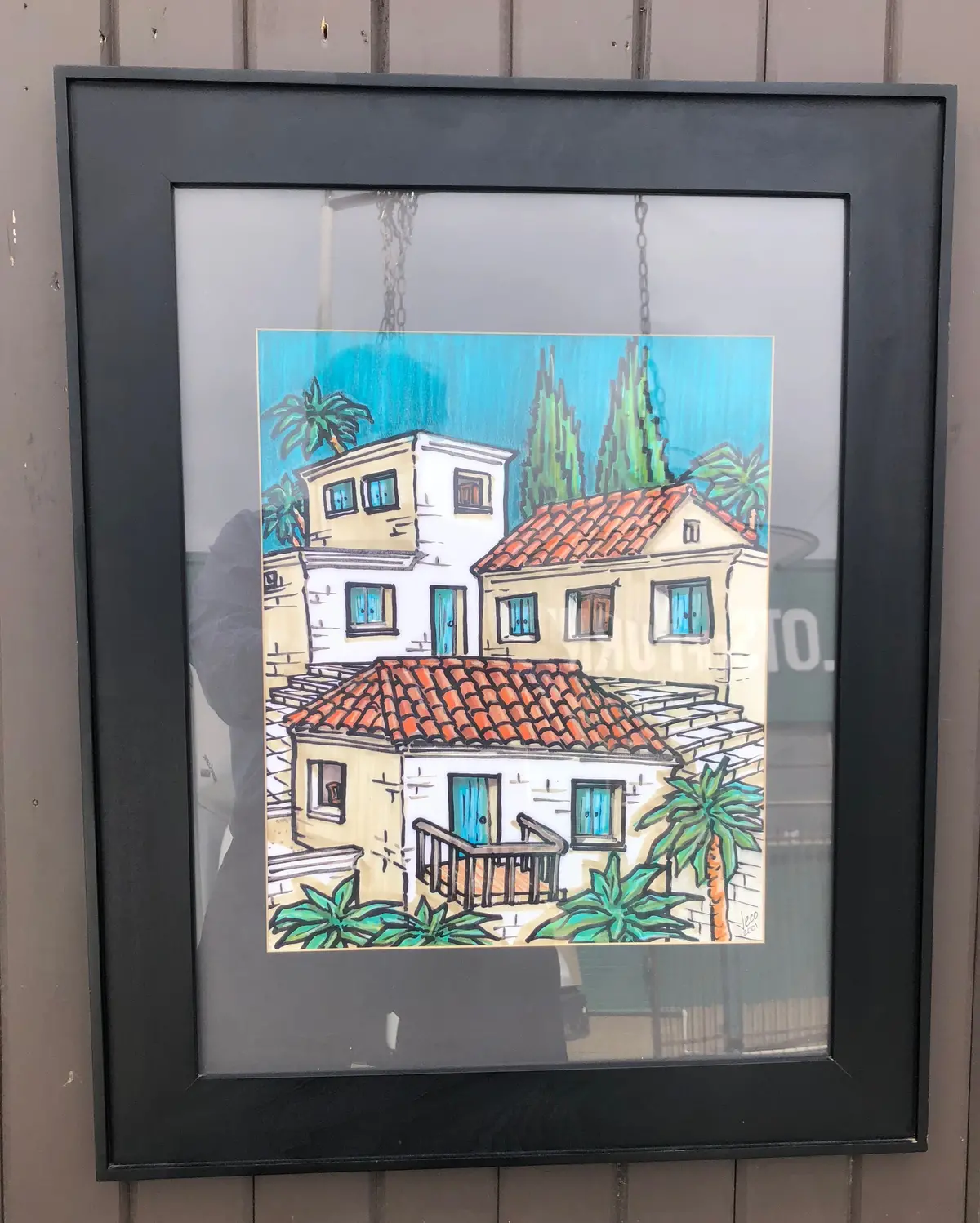 Framed Artwork With Clay Tile Roof White Dwelling & Palm Trees 1