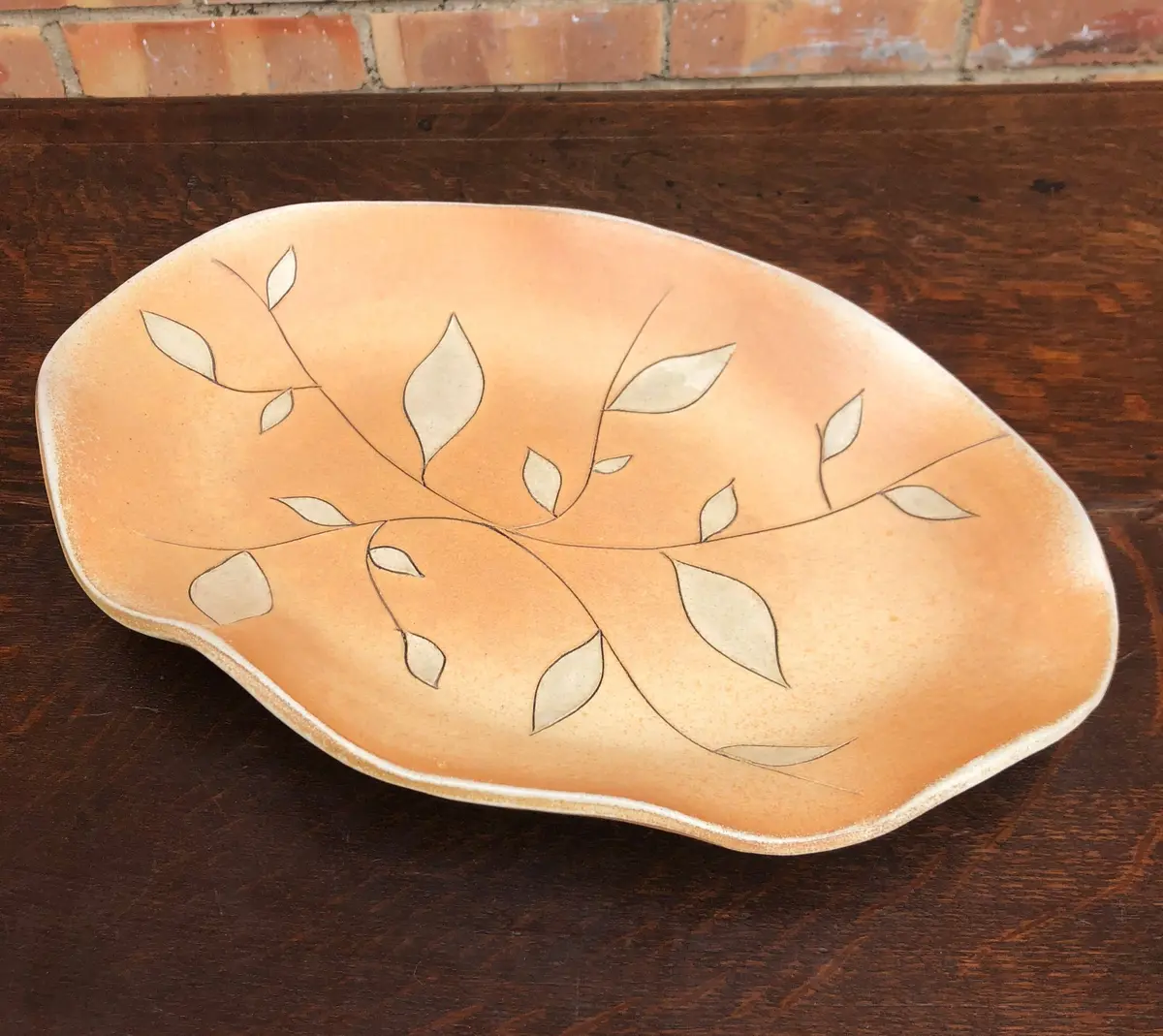 Stoneware Platter With Leaf & Branch Design, Signed By Artist - Angie White 1