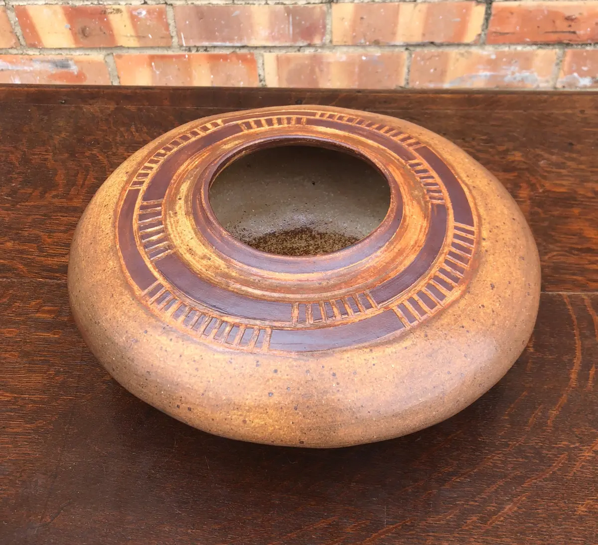 Low Brown Glazed Stoneware Vase 1