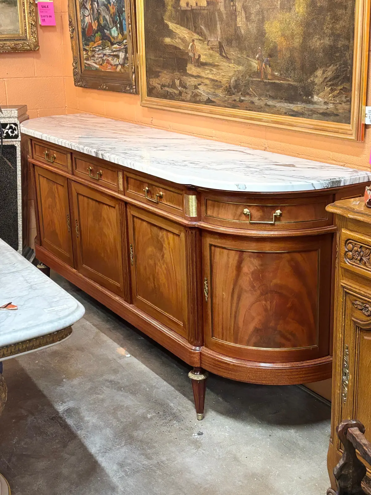 Large Louis Xvi White Marble Top 5 Door Mahogany Sideboard With Curved Ends 1