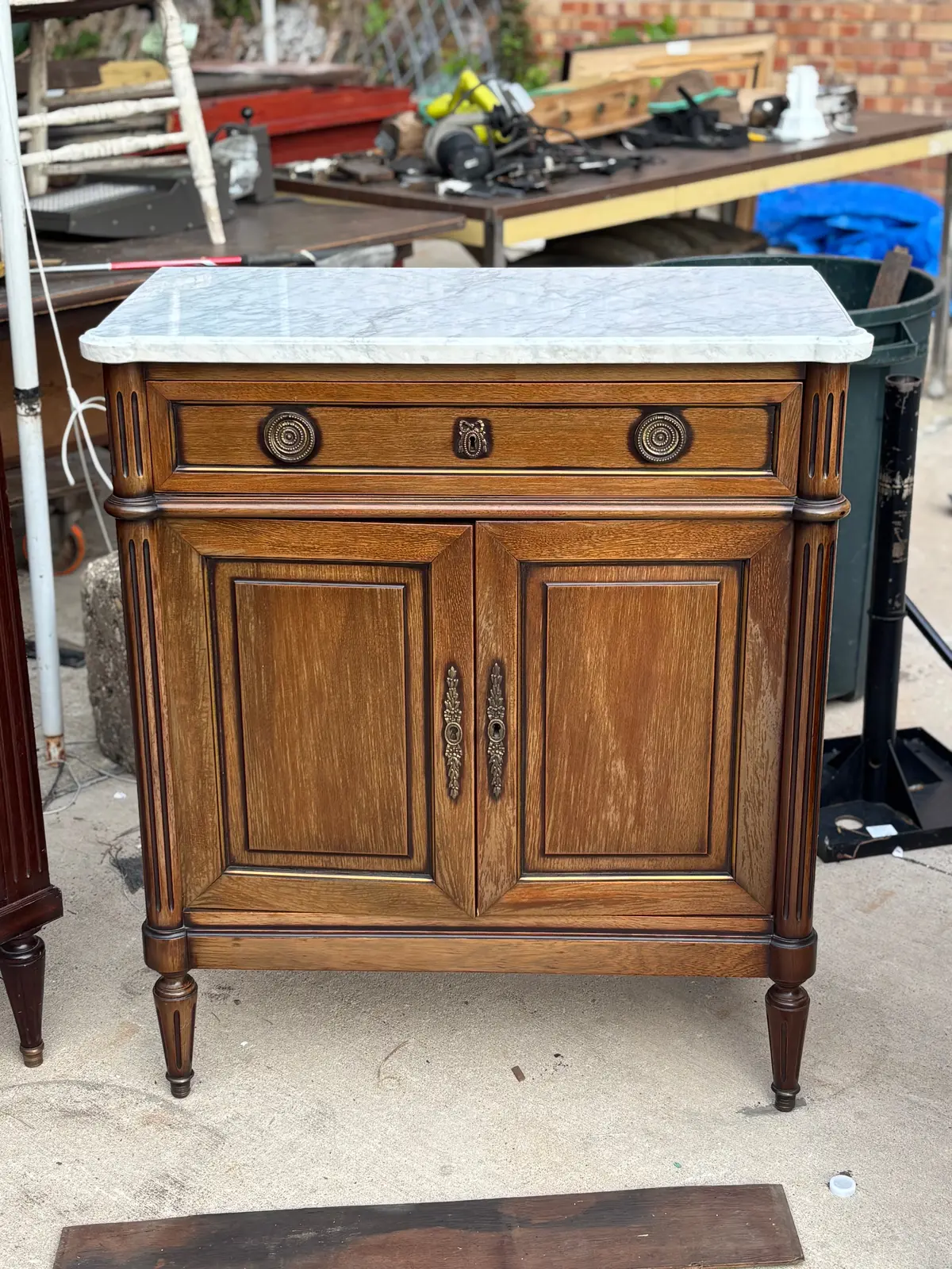 Small Louis Xvi White Marble Top 2 Door Mahogany Console With Drawer 1