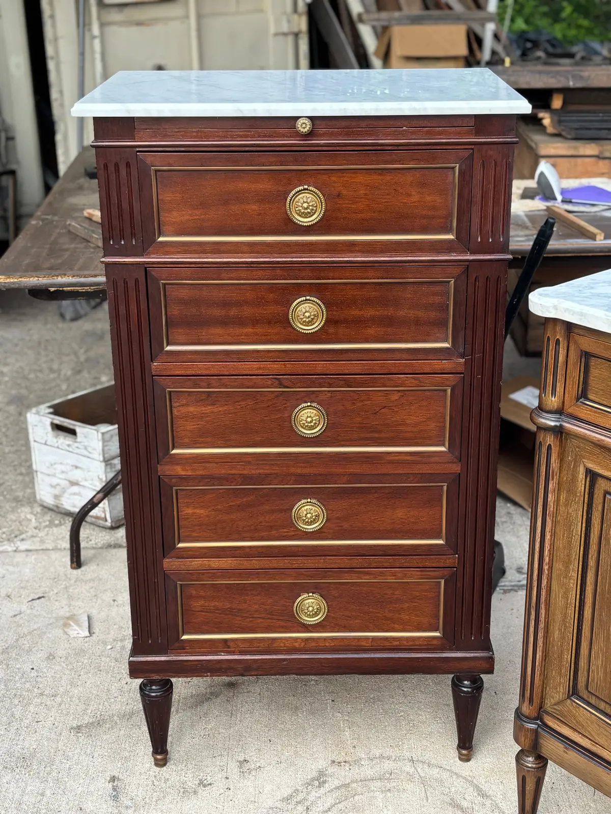 Tall Louis Xvi Small White Marble Top 5 Drawer Mahogany Chest 1
