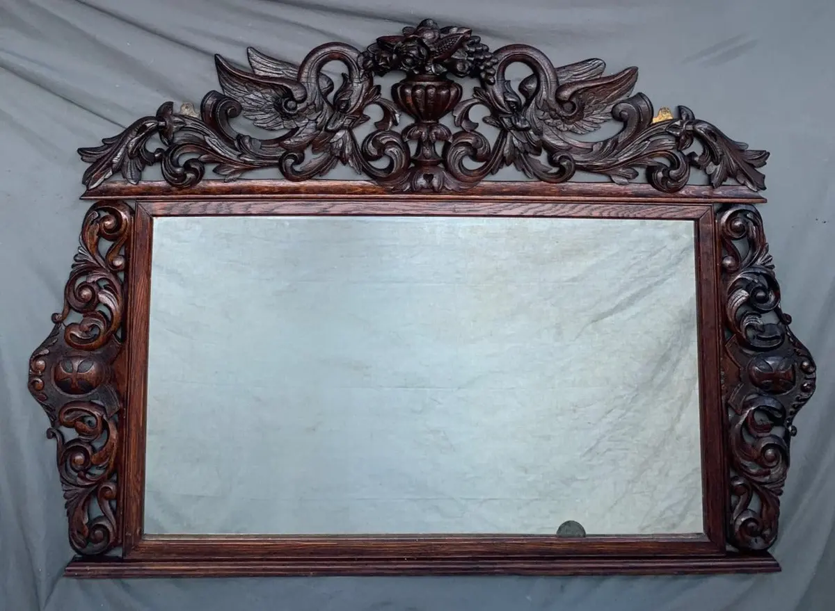 Large Ornate Griffin Carved Oak  Framed Mirror 1
