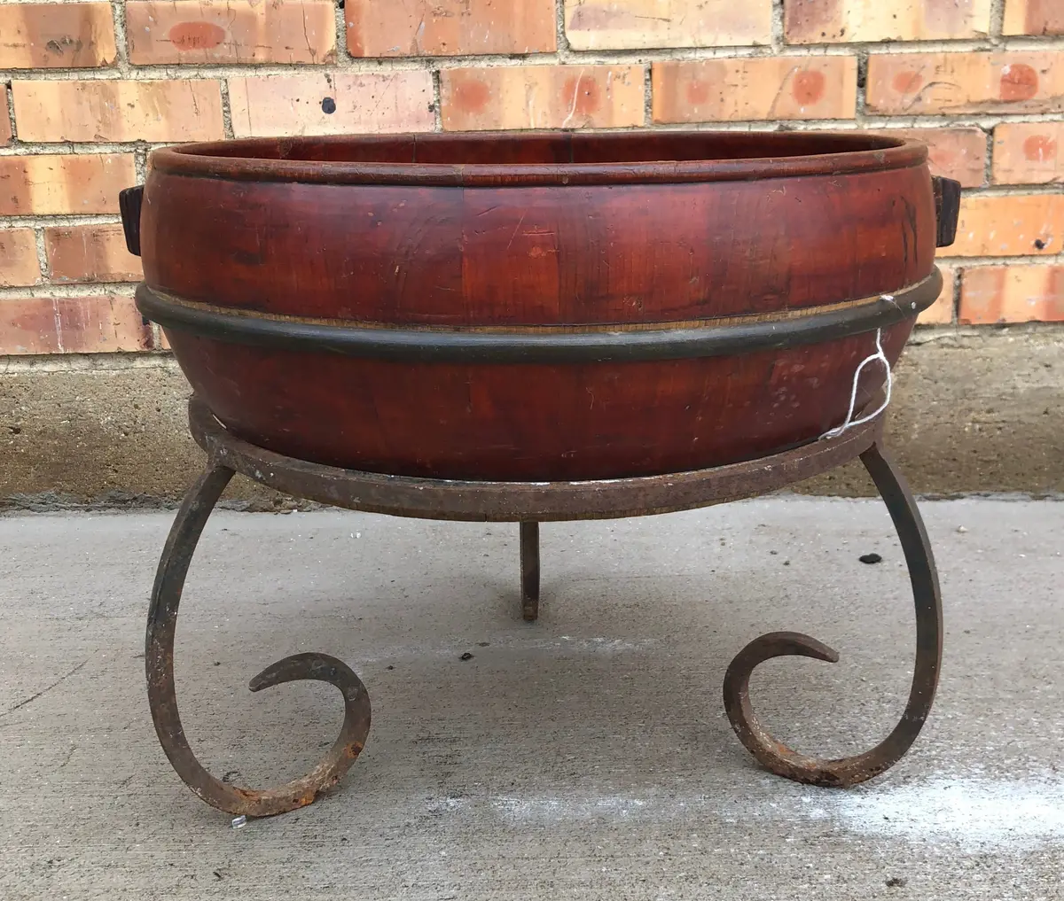 Wood Bowl With Metal Band & Iron Base As Found 1