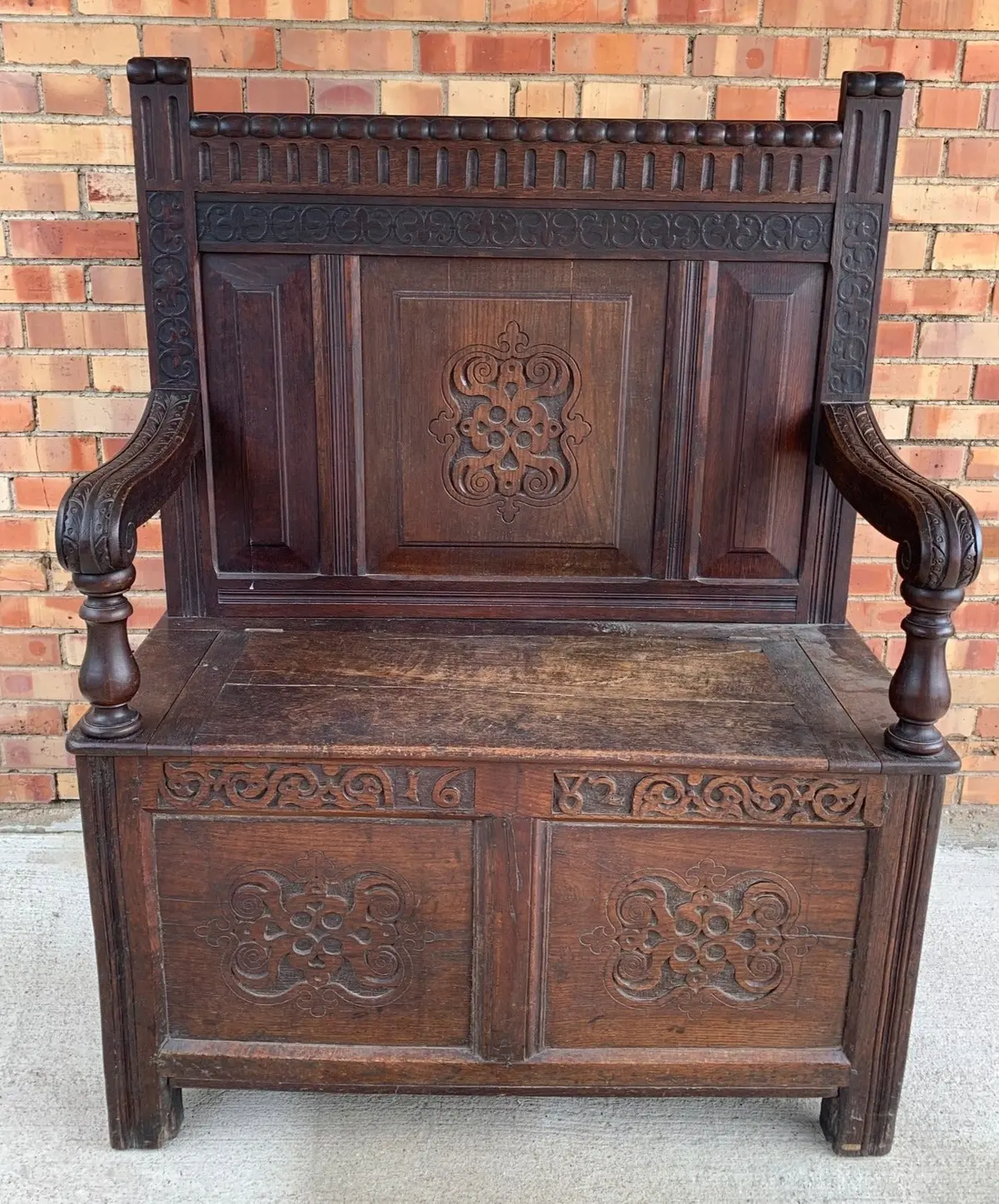 19Th C. Tudor Revival Oak Bench 1