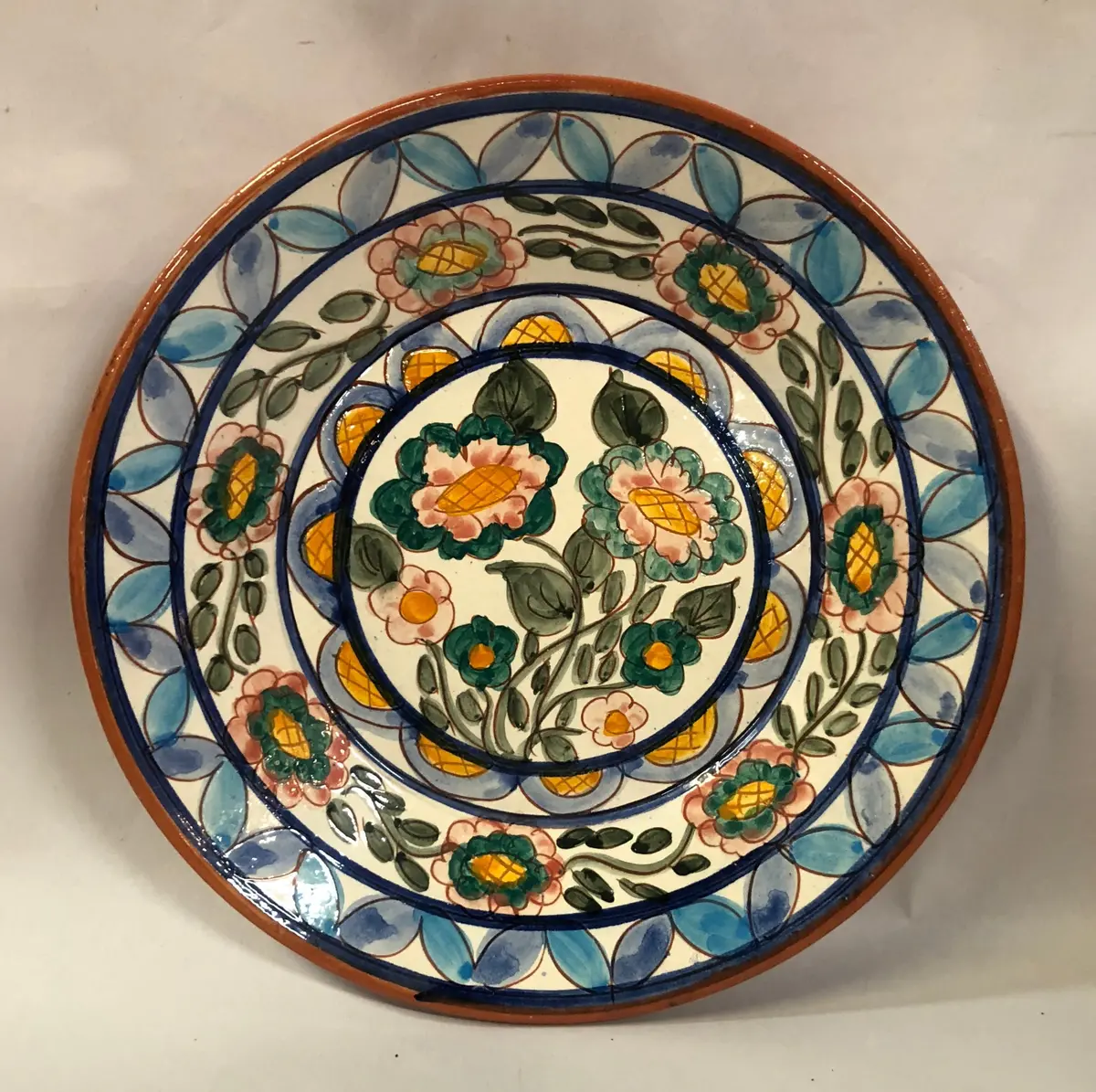 Shallow Glazed Bowl Floral Motif Signed By Artist 1