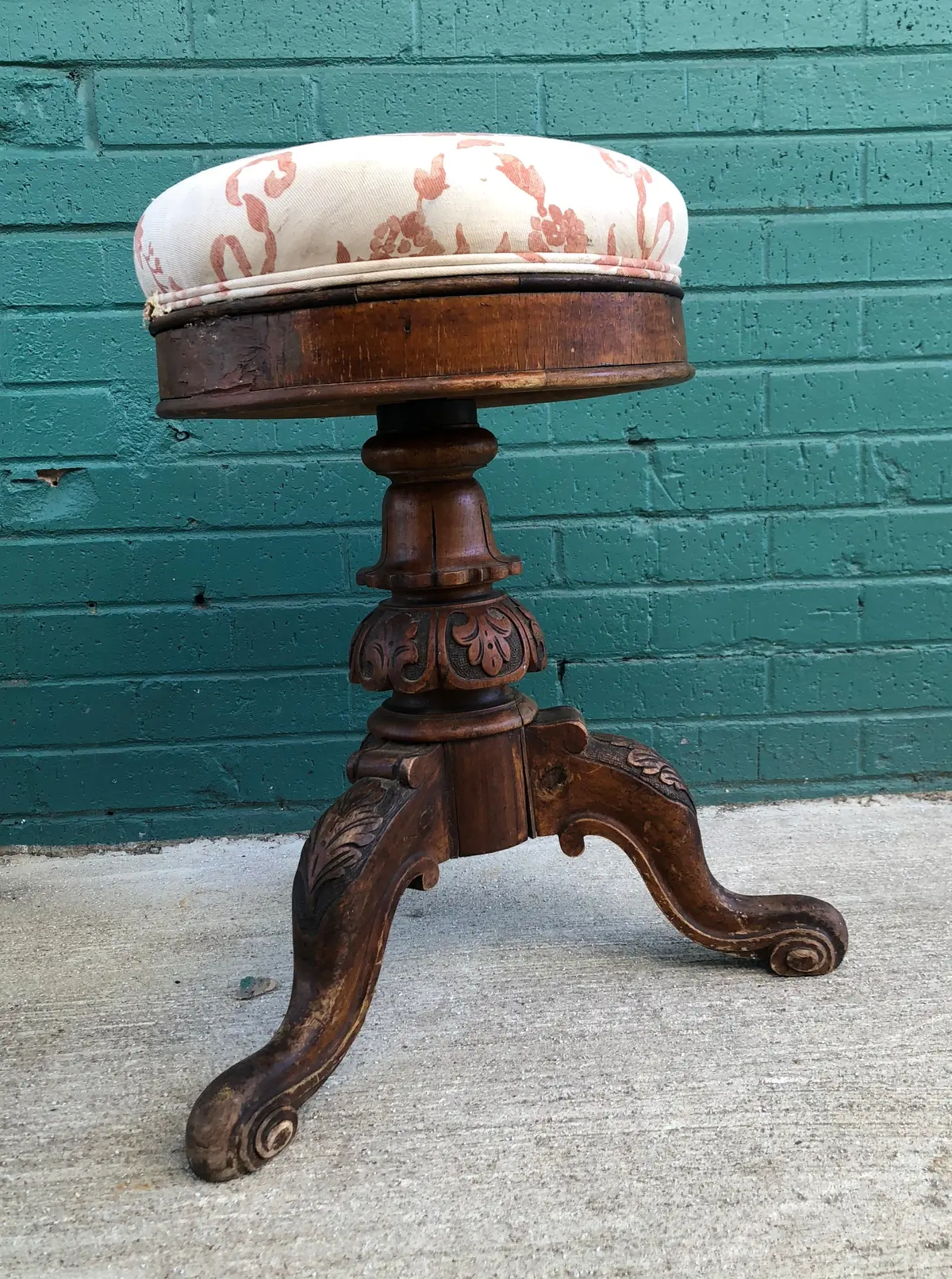 Carved Tripod Organ Stool With Upholstered Cushion 1