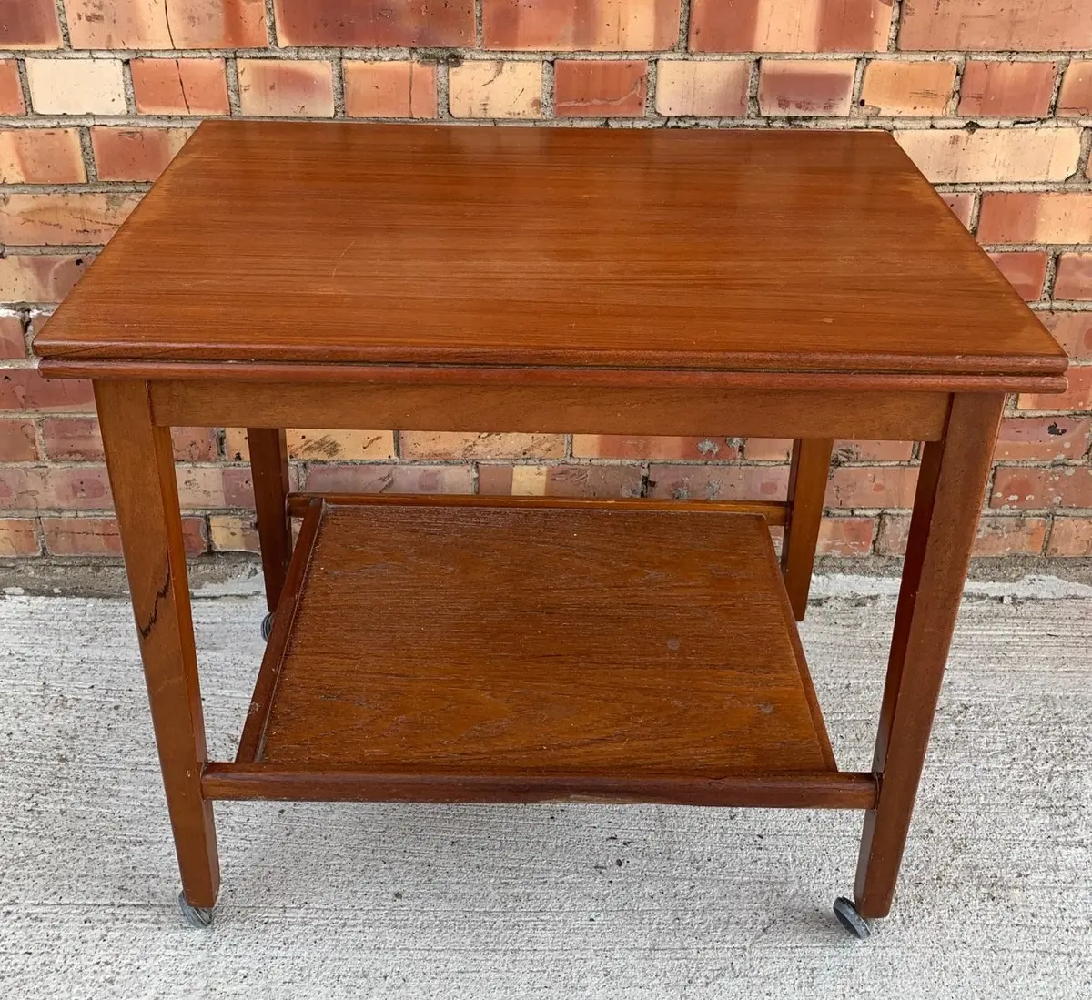 Mid Century Teak Rolling Cart With Flap Open Felt Top 1