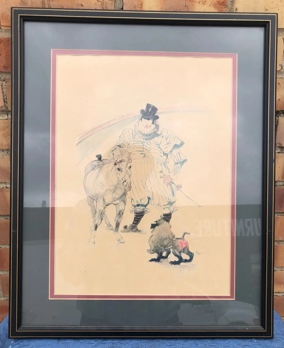 Framed Illustration Circus Clown With Pony & Baboon 1