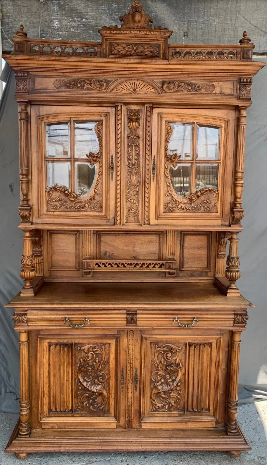 Carved Walnut Huntboard Buffet With Glass Mullioned Doors 1