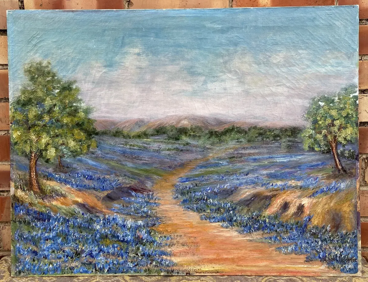 Early Texas Unframed Oil Painting Bluebonnet Signed Mabel Lochree - As Found 1
