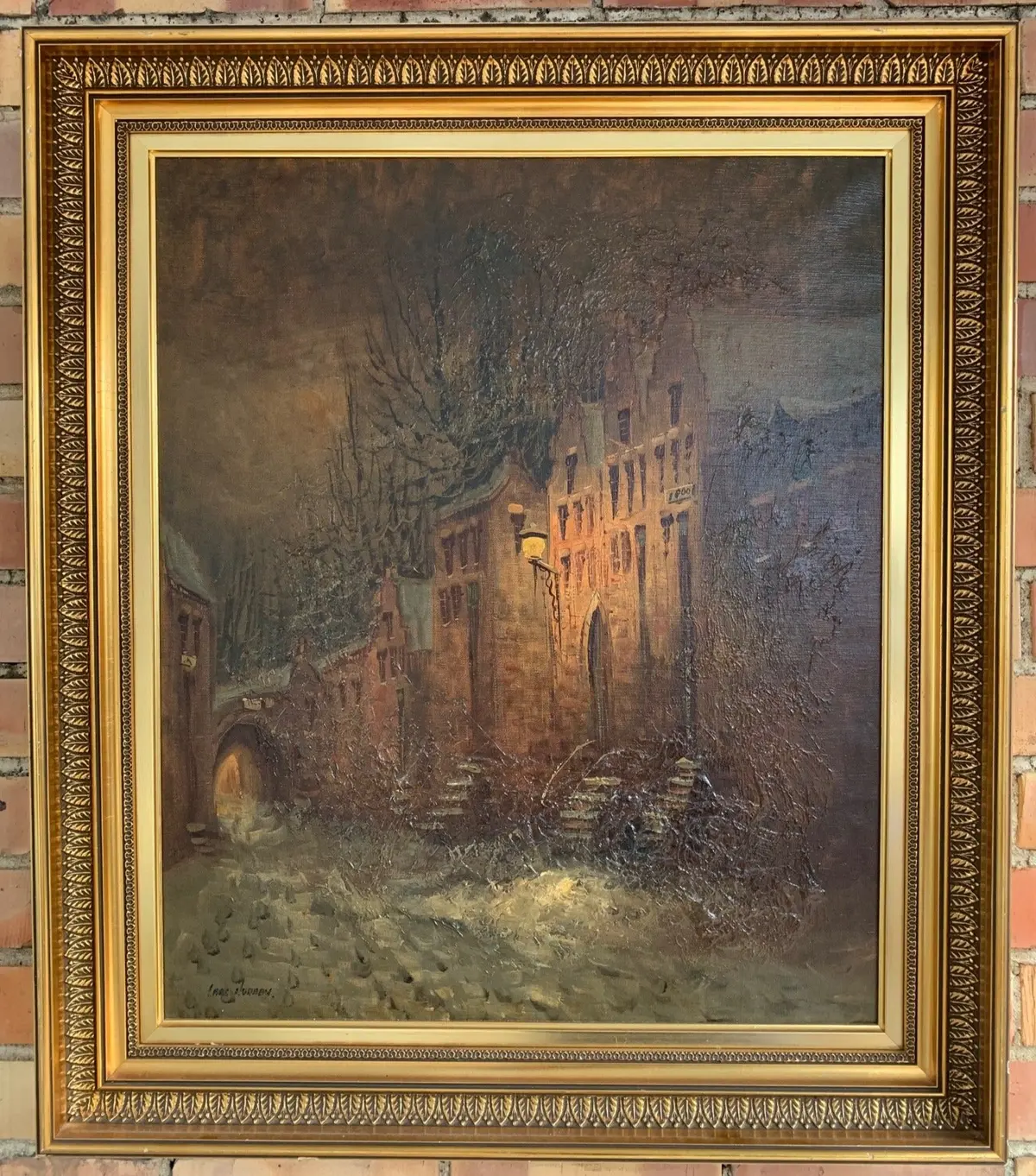 Lars Nordby Oil On Canvas Painting Of Evening Winter Street Scene 1