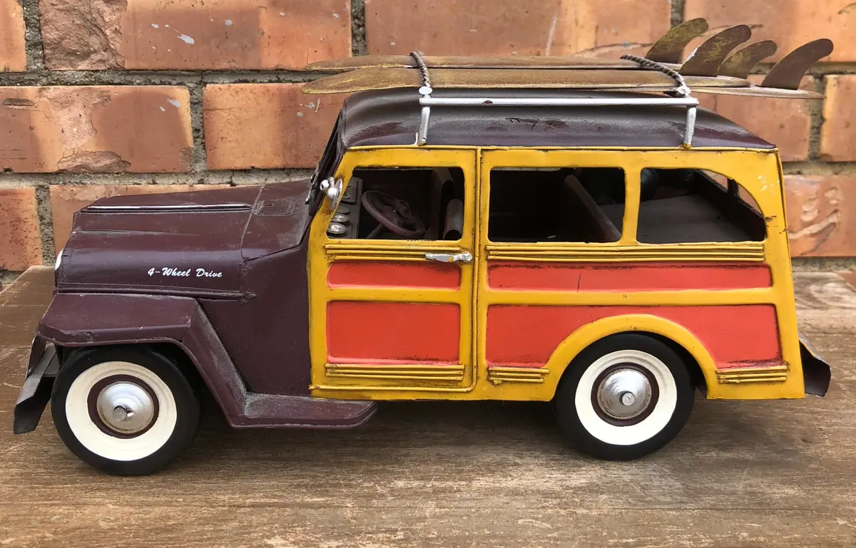 Metal Jeep Wagoneer Surfer Woody Wagon With Surf Boards 1