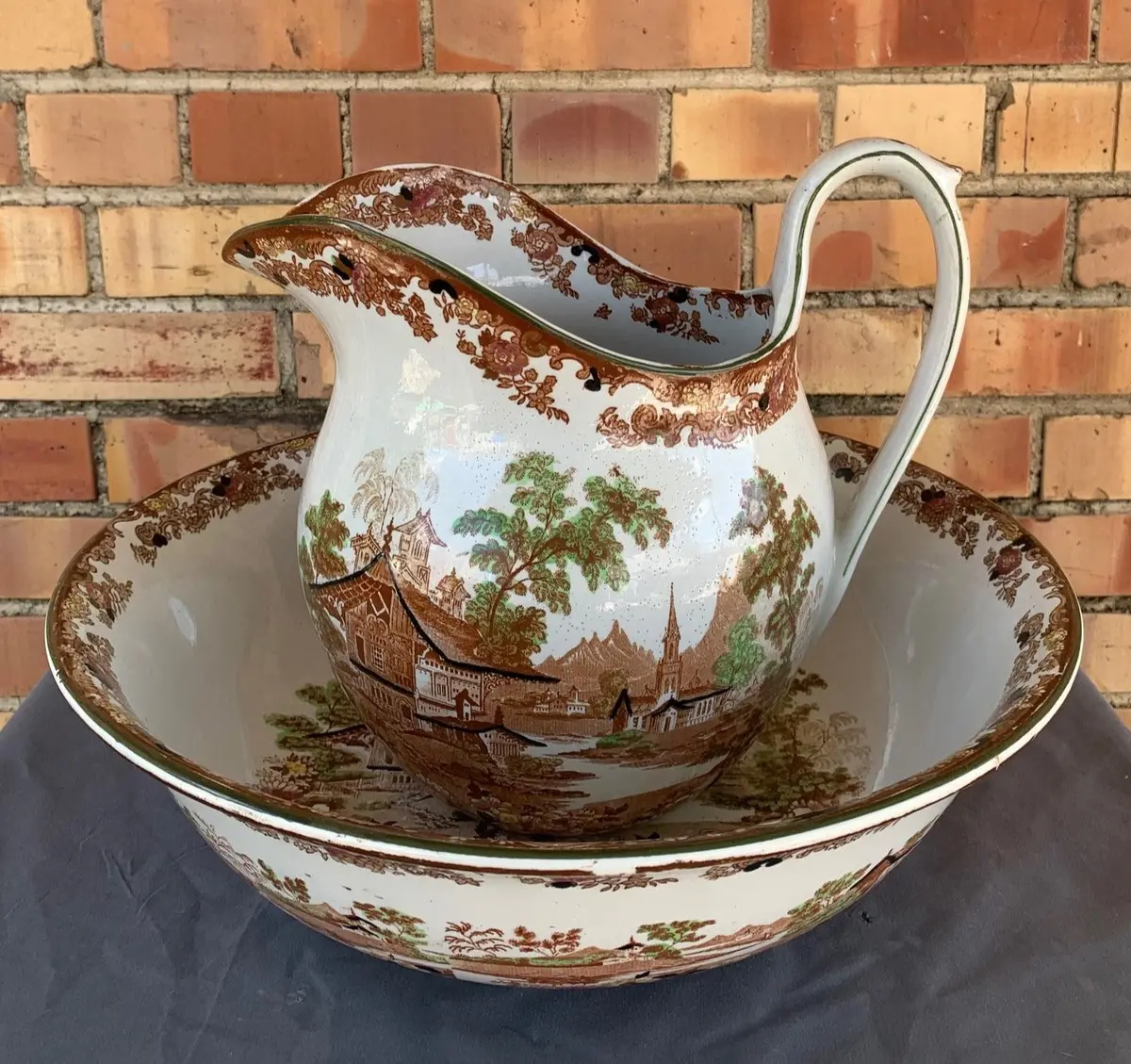 Genevese Pattern Polychrome Transferware Ironstone Pitcher & Bowl 1