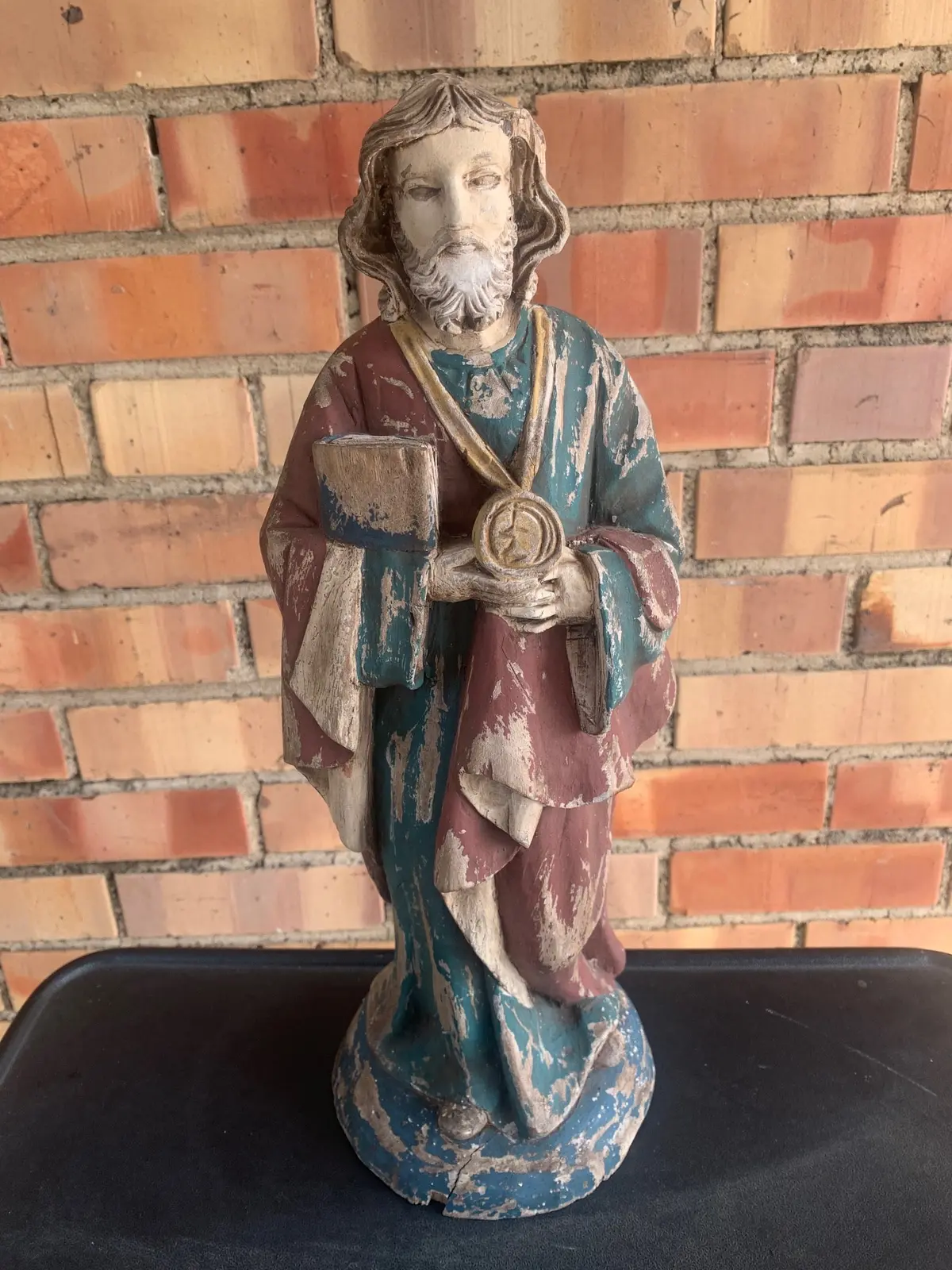 Red And Green Painted Wood Religious Statue 1