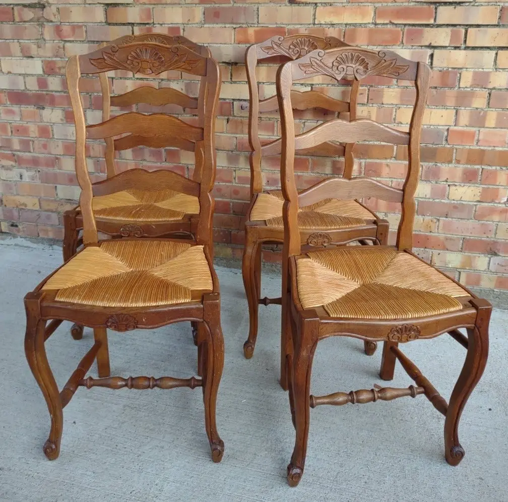 Set Of 4 Oak Louis Xv Style Rush Seat Chairs 1
