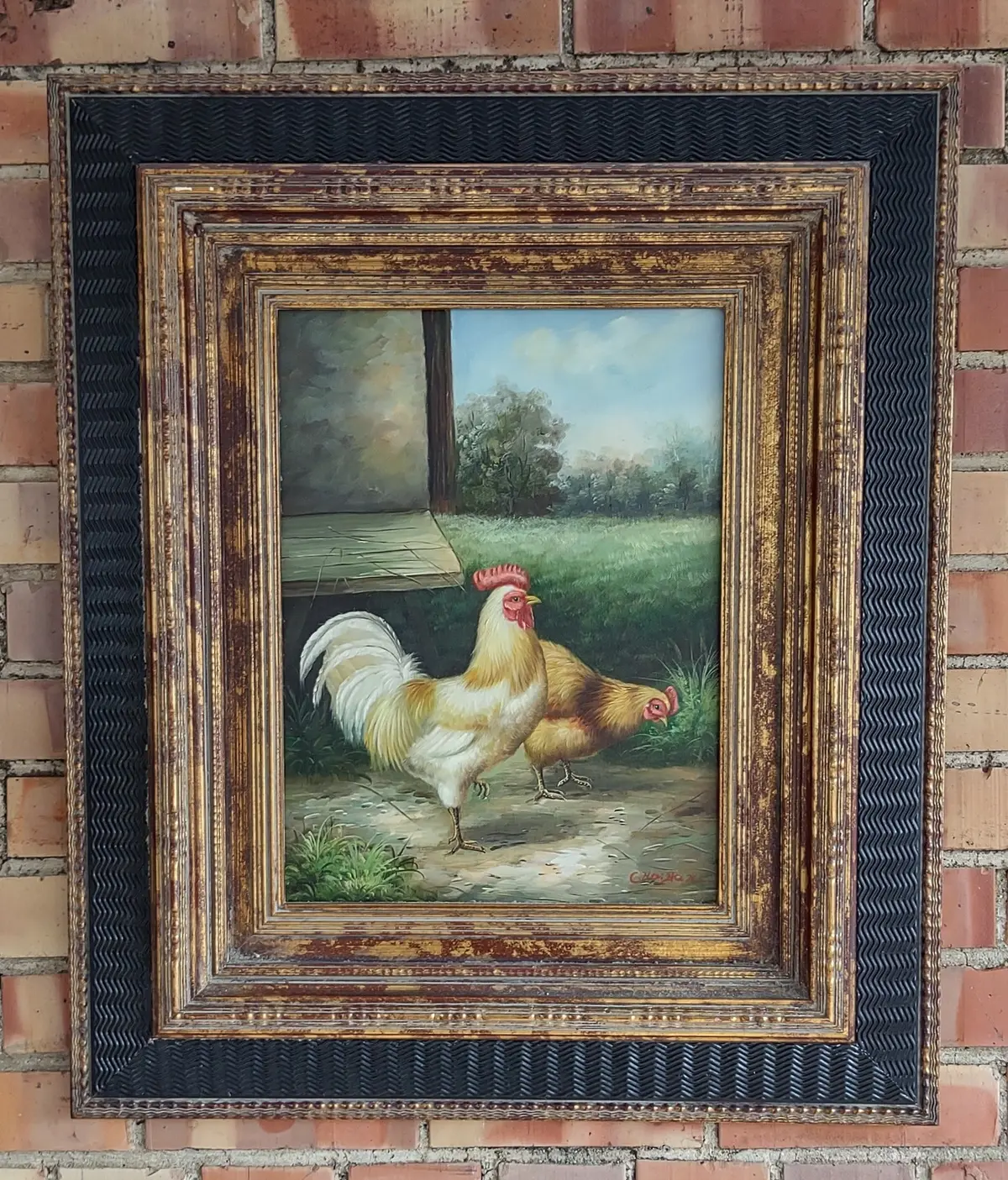 Framed Rooster Oil Painting 1