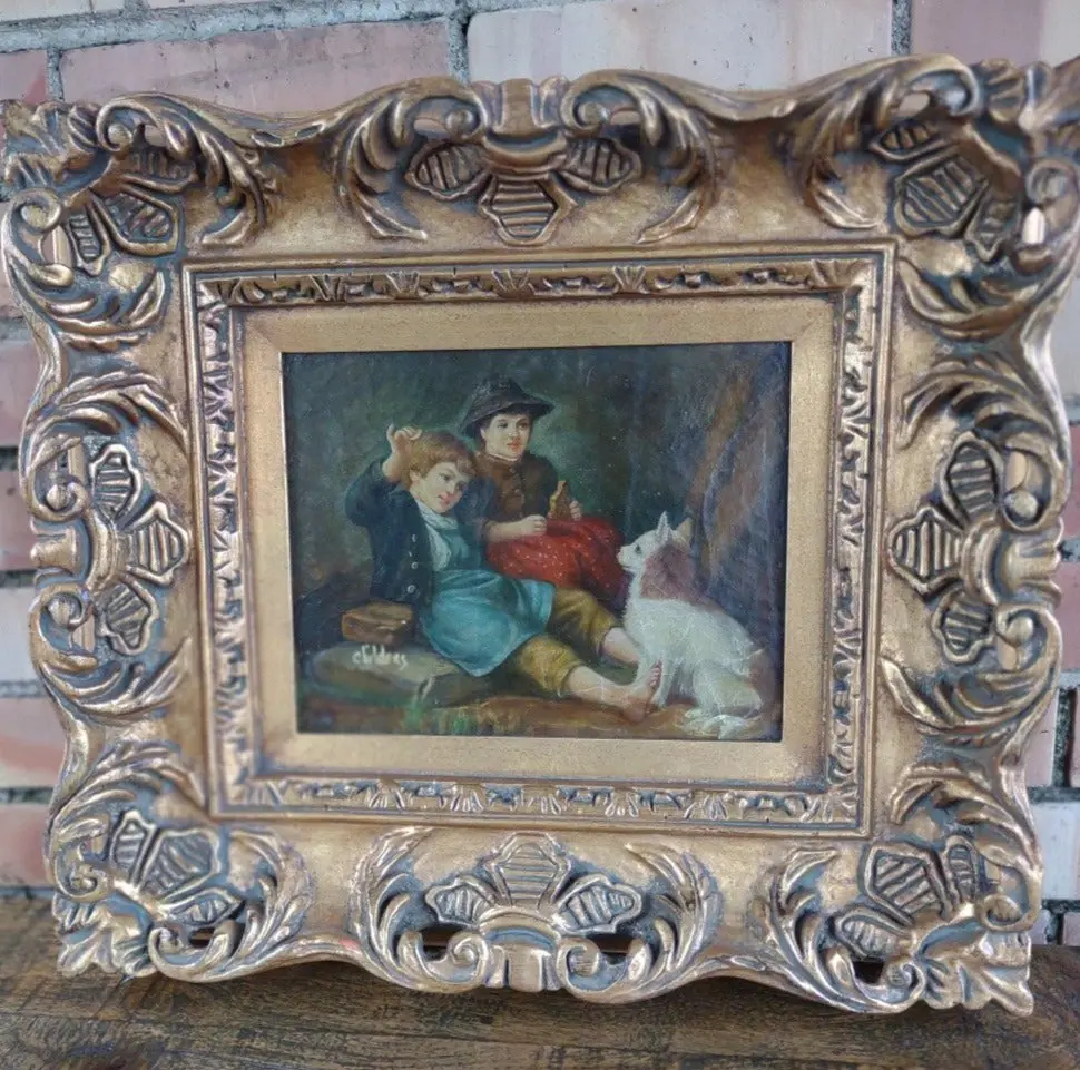 Gold Framed Oil Painting Of Boys And Dog 1
