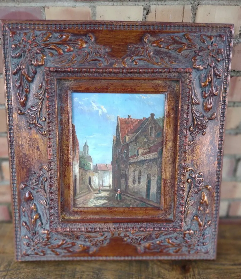 Oil Painting Of Village Street In Rose Gold Frame 1