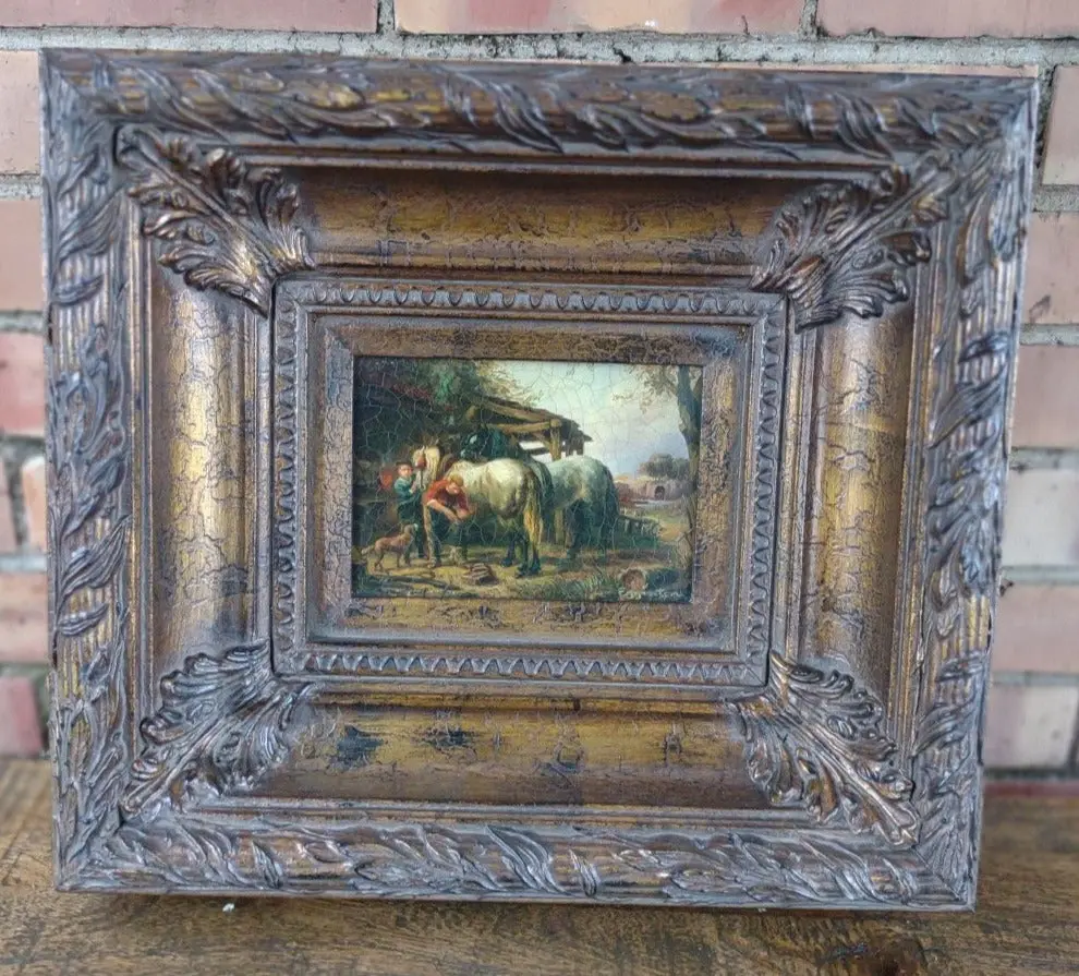 Small Oil Painting Of A Horse And People 1