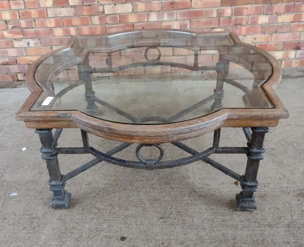 Large Iron Base Coffee Table With Glass And Teak Top 1