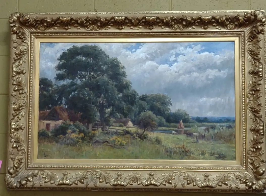 Large  Bucolic Pastoral Oil Painting In Ornate Gilt Frame 1
