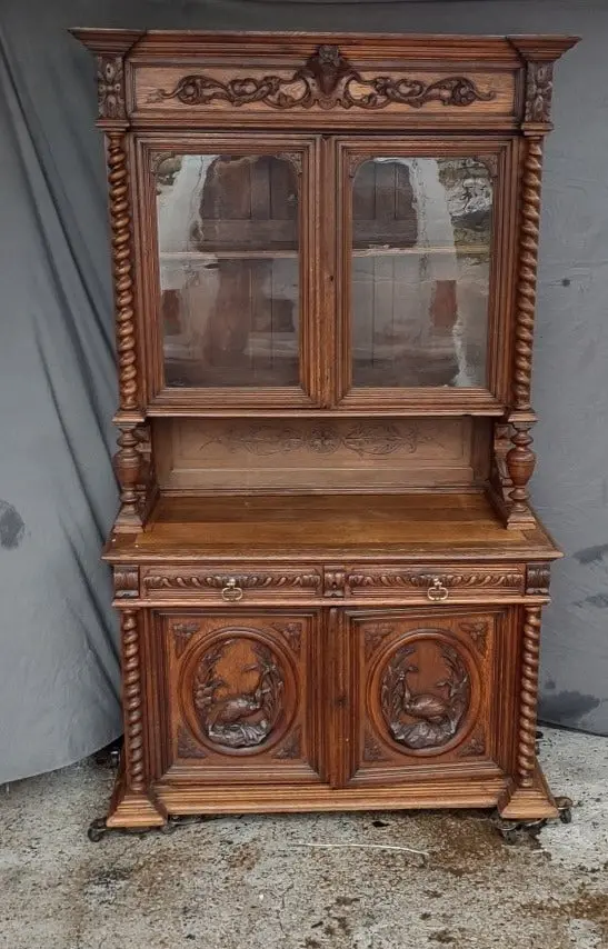 French Huntboard With Glass Upper Doors And Carved Bird Lower Doors 1
