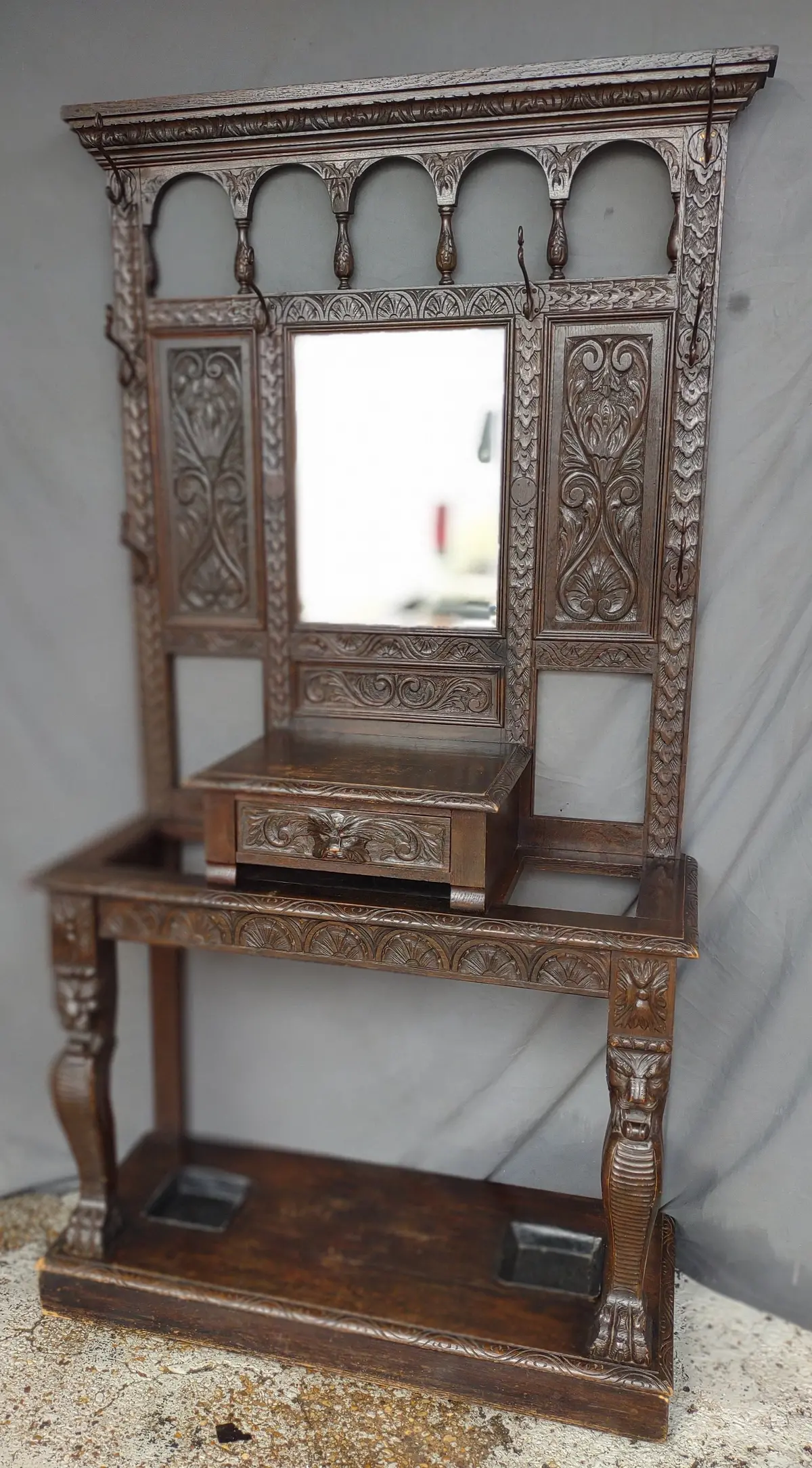 Carved English Oak Hall Tree With Mirror And Umbrella Trays 1