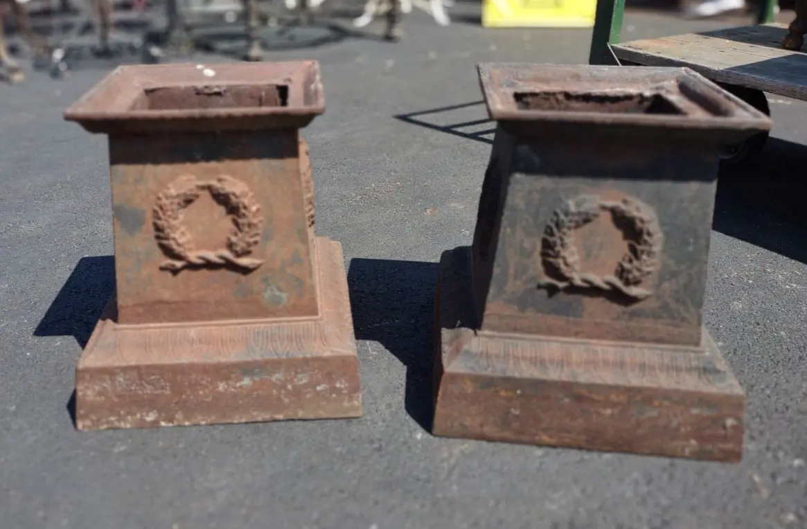 Pair Of Old Iron Garden Urn Bases 1