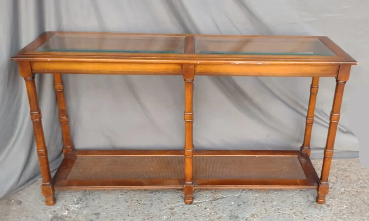 American Glass Top Sofa Table With Caning 1