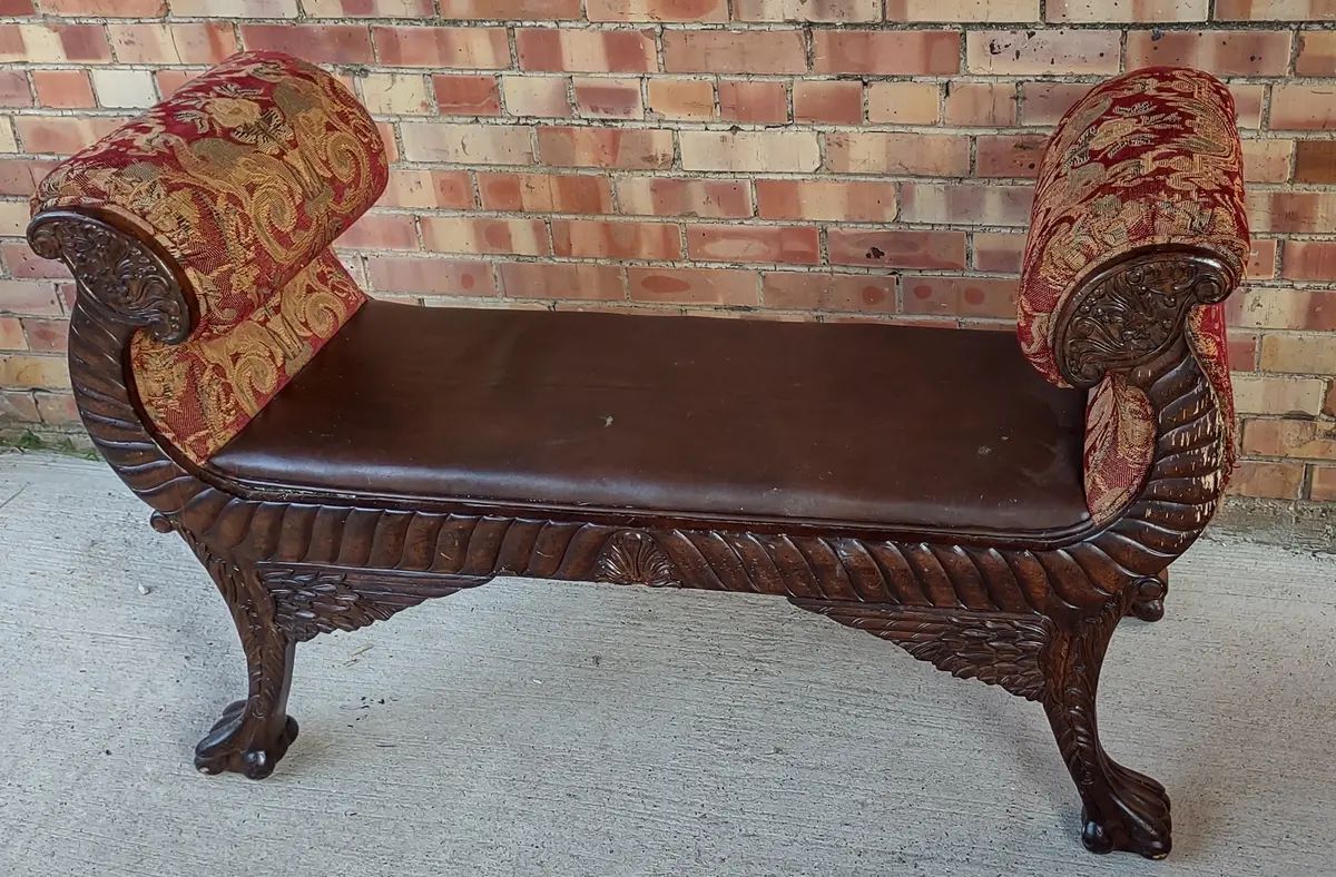 Carved Bench With Leather Seat-Not Old-As Found Tapestry Upholstery 1