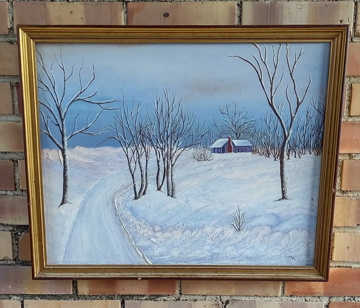 Framed Snowscape With Barn 1970 By M. Lee 1