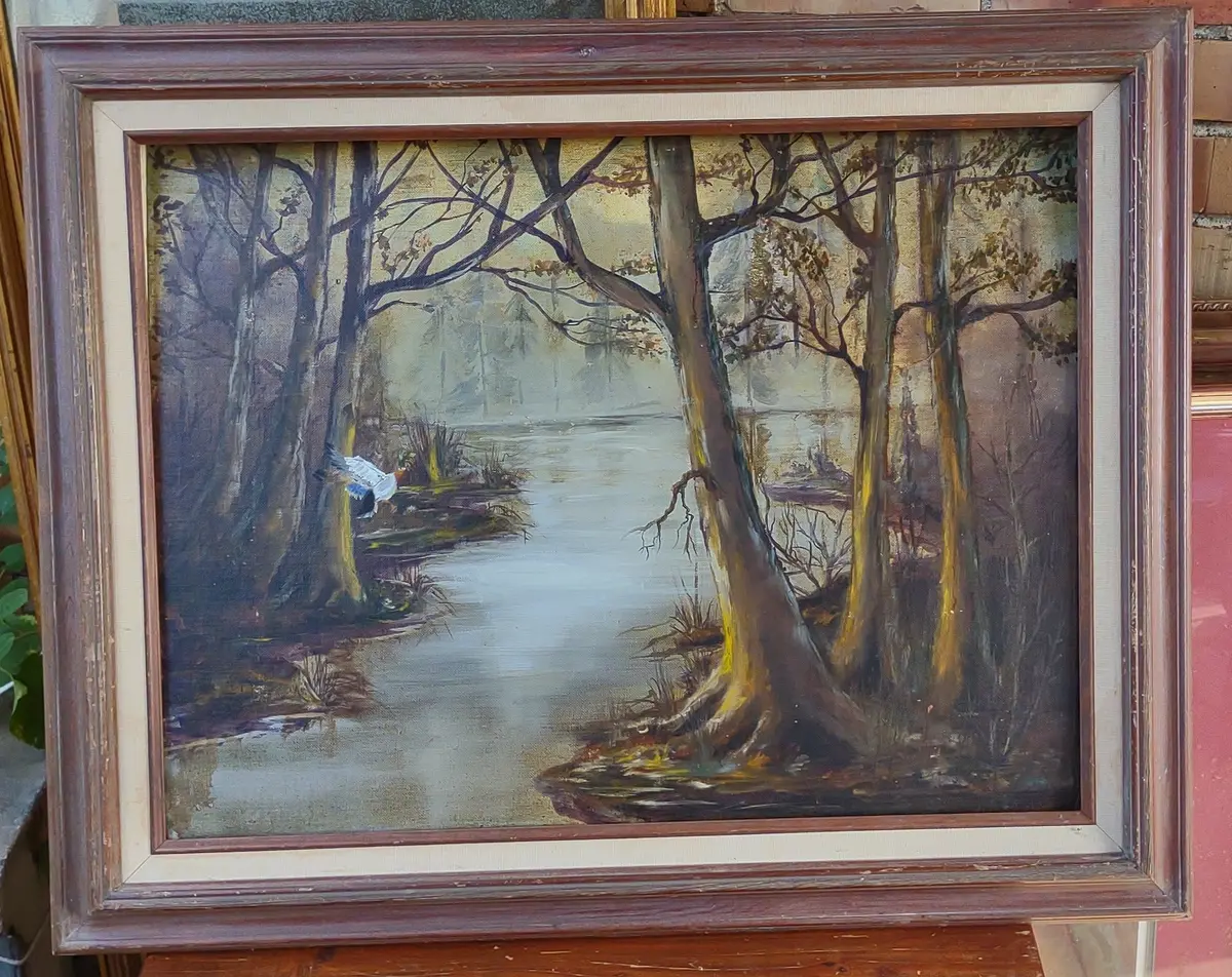 Primative Oil Paintimg Of Duck By The Lake 1