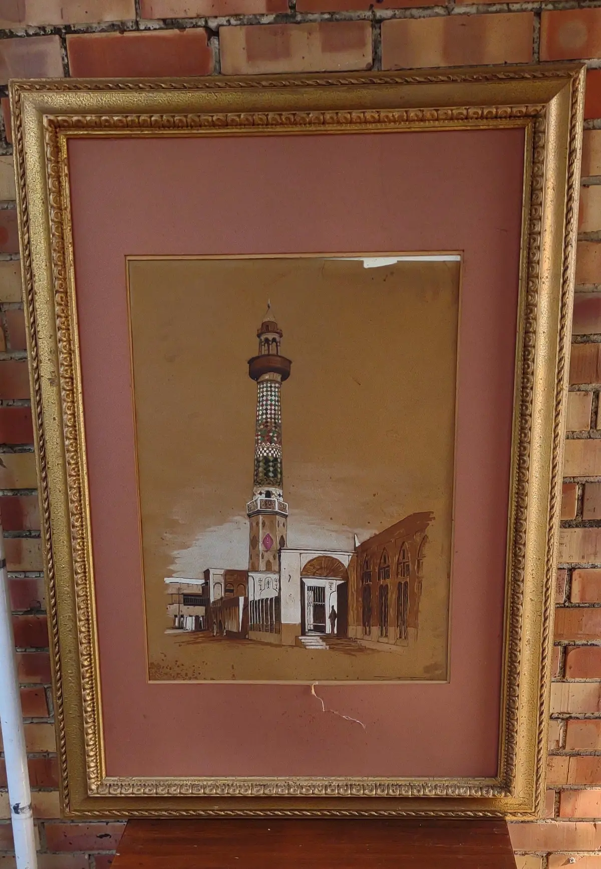 Water Color Of A Middle Eastern Tower In Gold Frame-As Found 1