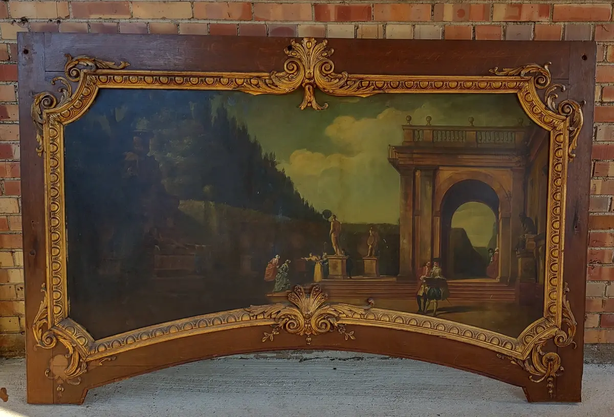 Quarter Sawn Oak Panel With Landscape Oil Painting From A 19Th Century Carousel 1