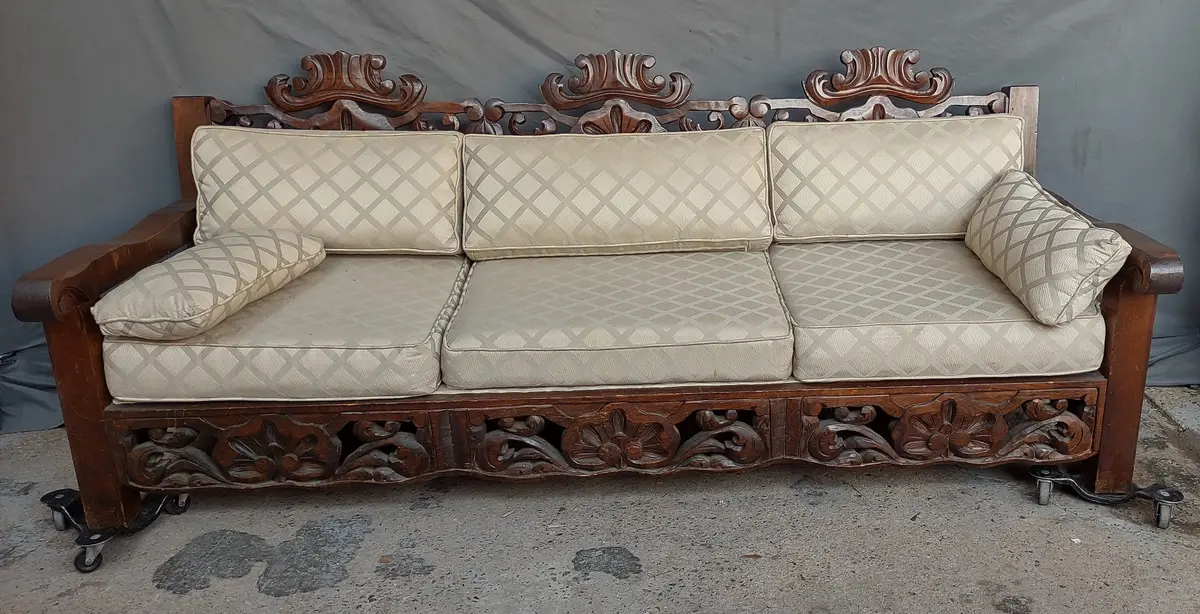 Carved Argentine Pine Sofa With White Cushions 1