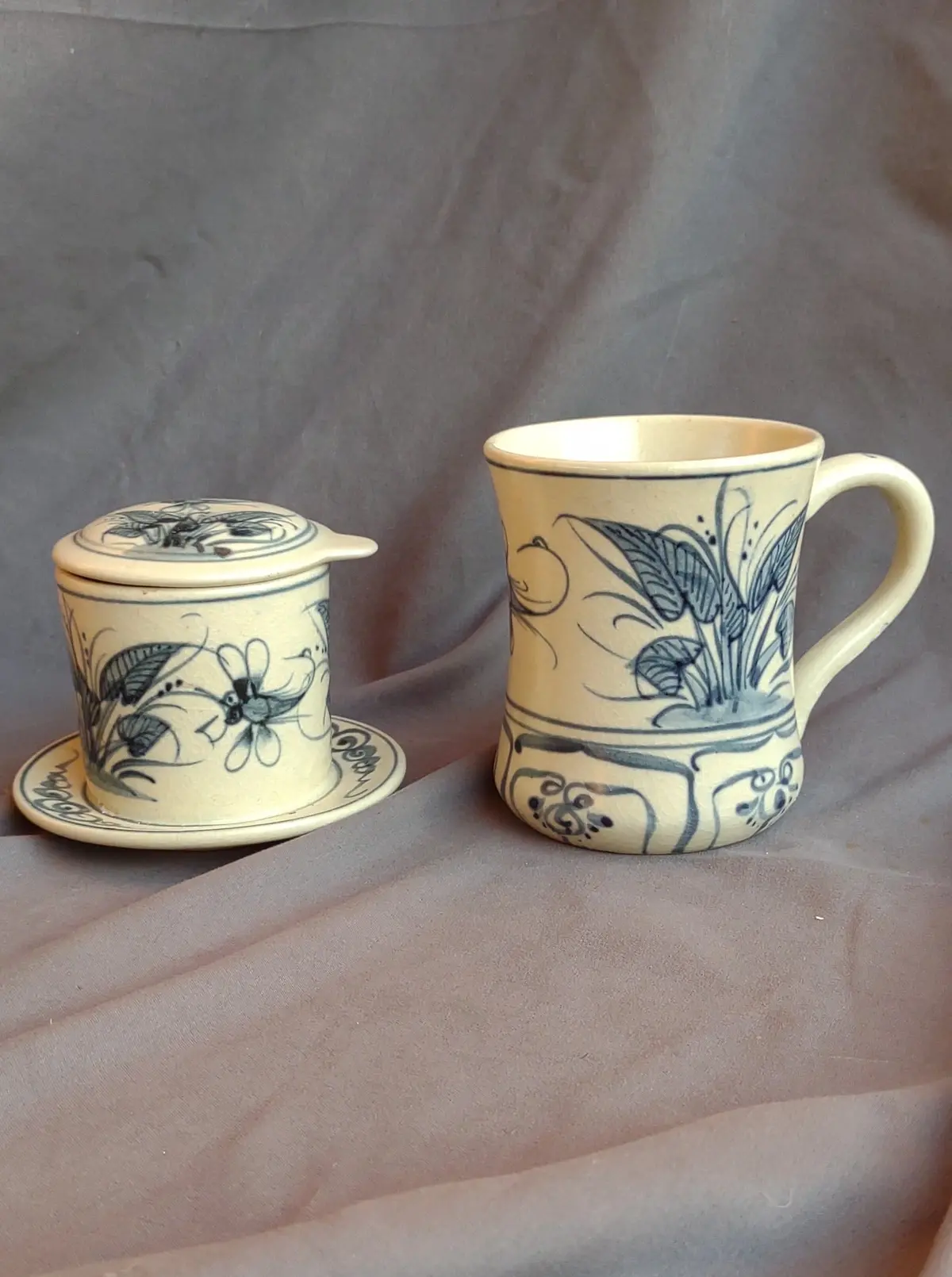 Pair Of Blue And White Ceramic Mug And Coffee Maker Attachment 1