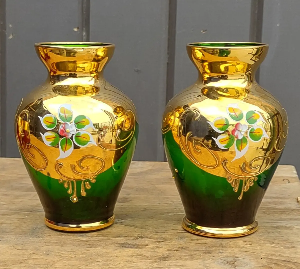 Pair Of Green Bohemian Glass Vases 1