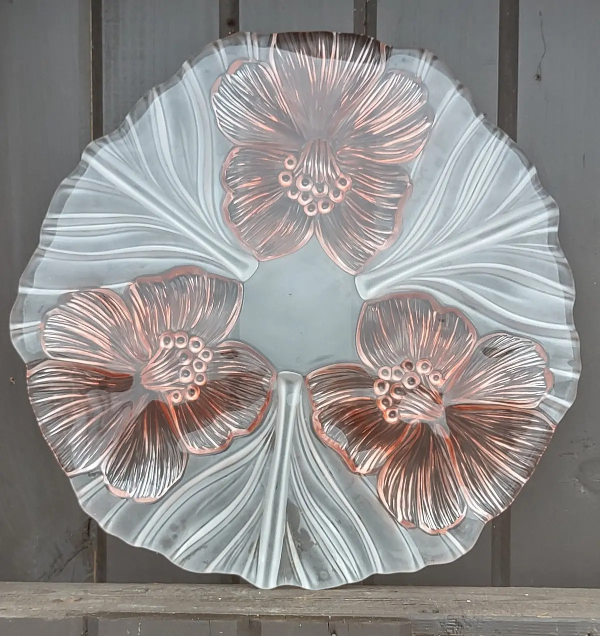 Round Clear And Pink Hibiscus Glass Tray 1